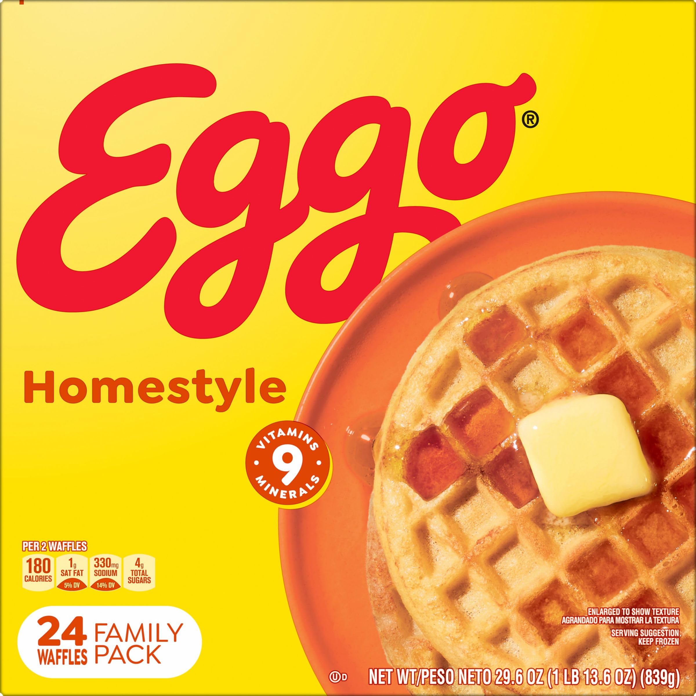 Eggo Frozen Waffles - Homestyle Breakfast Food, Family Pack 29.6oz (24 Waffles) | Quick & Easy Breakfast for Busy Mornings, Kids Lunchbox, After School Snack & Family Gatherings