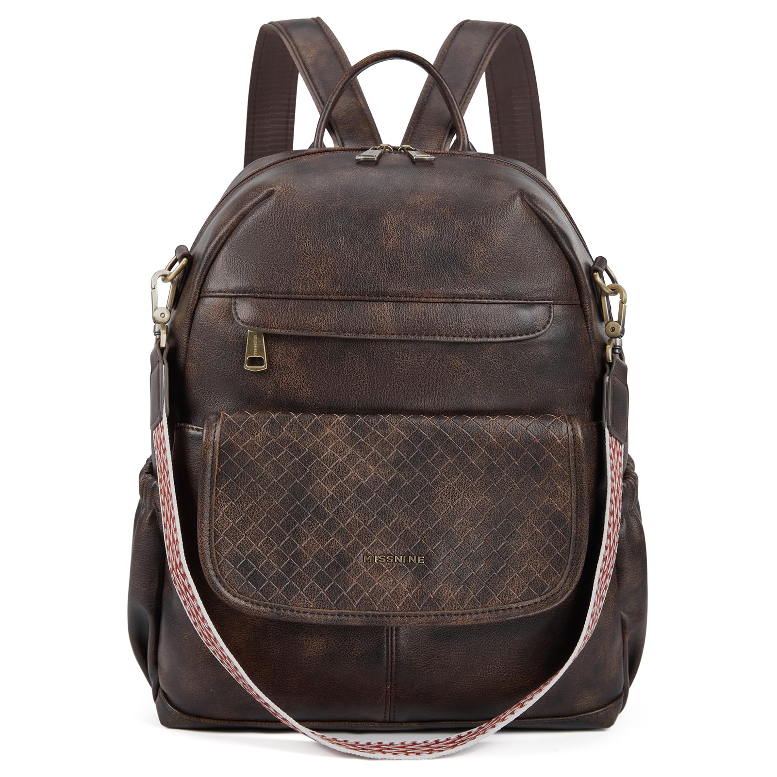 Missnine Women's PU Leather Convertible Backpack Purse - Stylish Shoulder Bag & Satchel for Work, College, Travel with Weave Detail (Coffee Brown) - Perfect for Office Commute, Campus Life & Weekend Getaways
