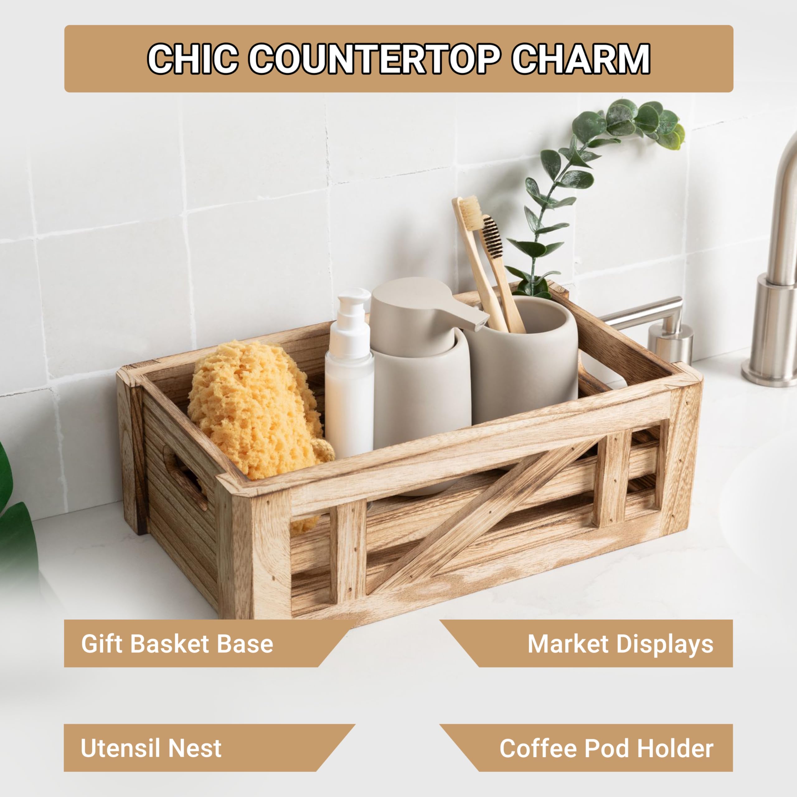 Rustic Wooden Crate for Kitchen Countertop Organization - Fruit & Vegetable Storage Basket Set with Versatile Display & Storage, Perfect as Fruit Holder, Snack Station, and Home Decor for Farmhouse Kitchens