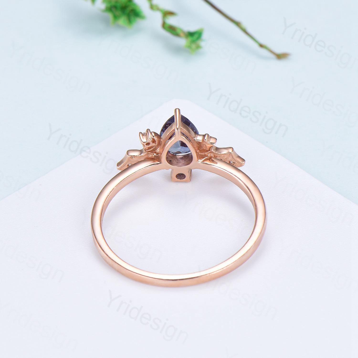 Alexandrite Color Changing Engagement Ring for Women - Magic Crescent Moon Star Cluster Diamond Wedding Band in Rose Gold - Unique Anniversary Gift for Her, Perfect for Proposals, Weddings & Special Occasions