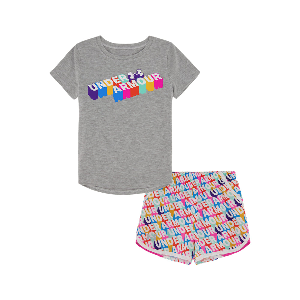 Under Armour Girls' Toddler Rainbow Woven Shorts & T-Shirt 2-Piece Set - Comfortable Athletic Outfit for Playtime & Preschool Activities