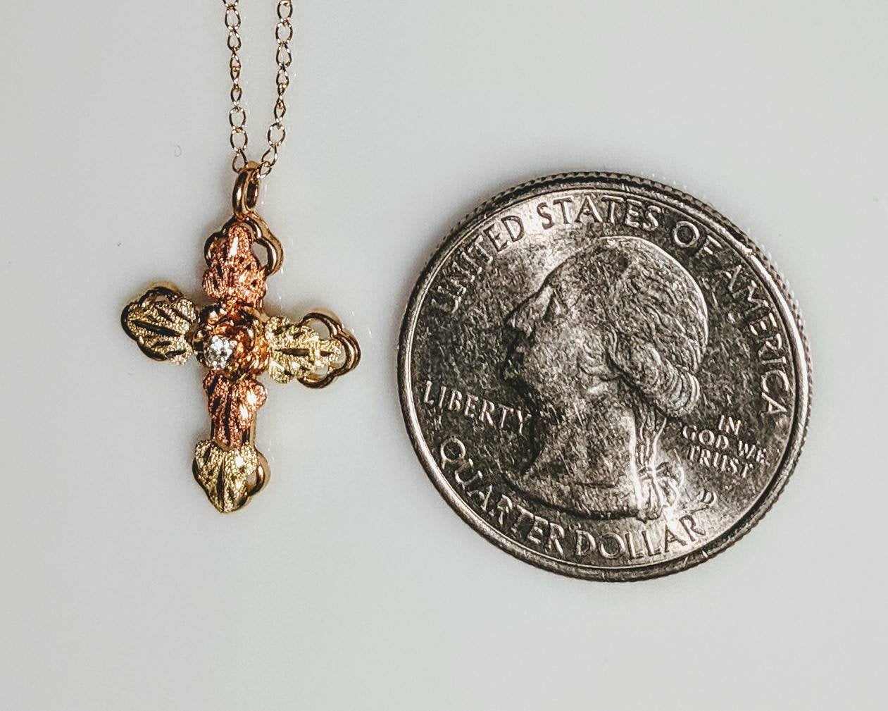 10kt Solid Gold Three-Tone Five-Leaf Cross Pendant with Natural Diamond Accent & Red/Green Enamel Leaves - Includes 18