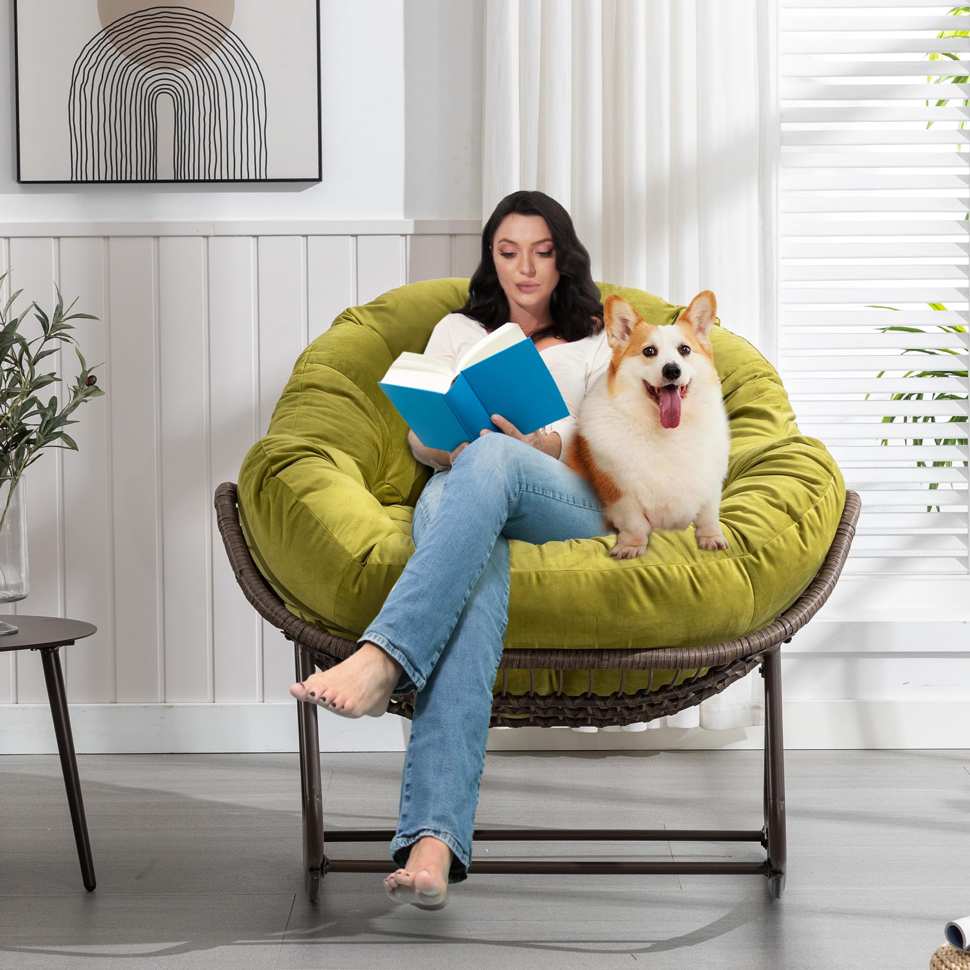 HOMEFUN Oversized Papasan Rocking Chair with Velvet Padded Cushion - Indoor/Outdoor Rocker Egg Chair for Patio, Front Porch, Garden & Backyard - Perfect for Relaxing, Reading & Sunbathing