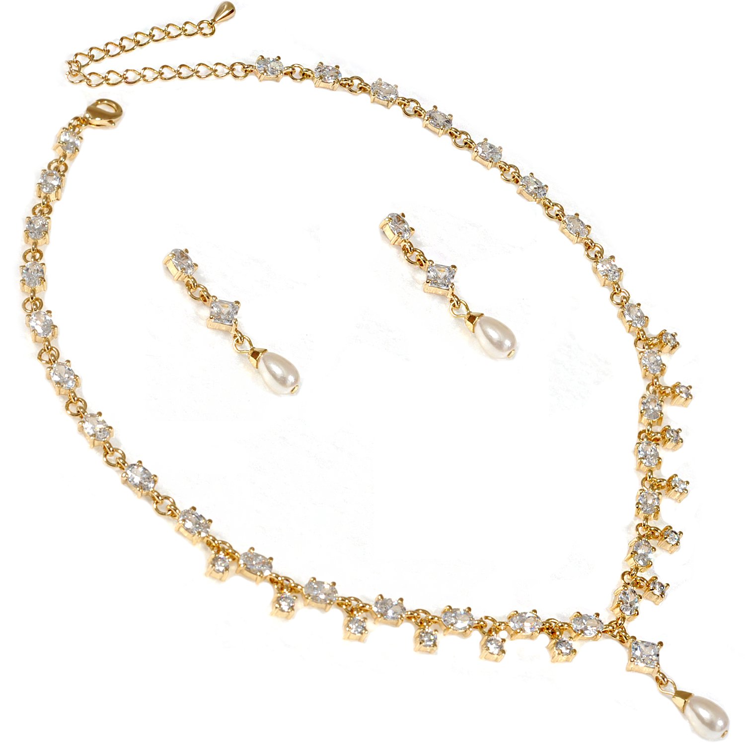 Gold CZ Pearl Jewelry Set - Elegant Necklace & Earrings for Parties & Weddings