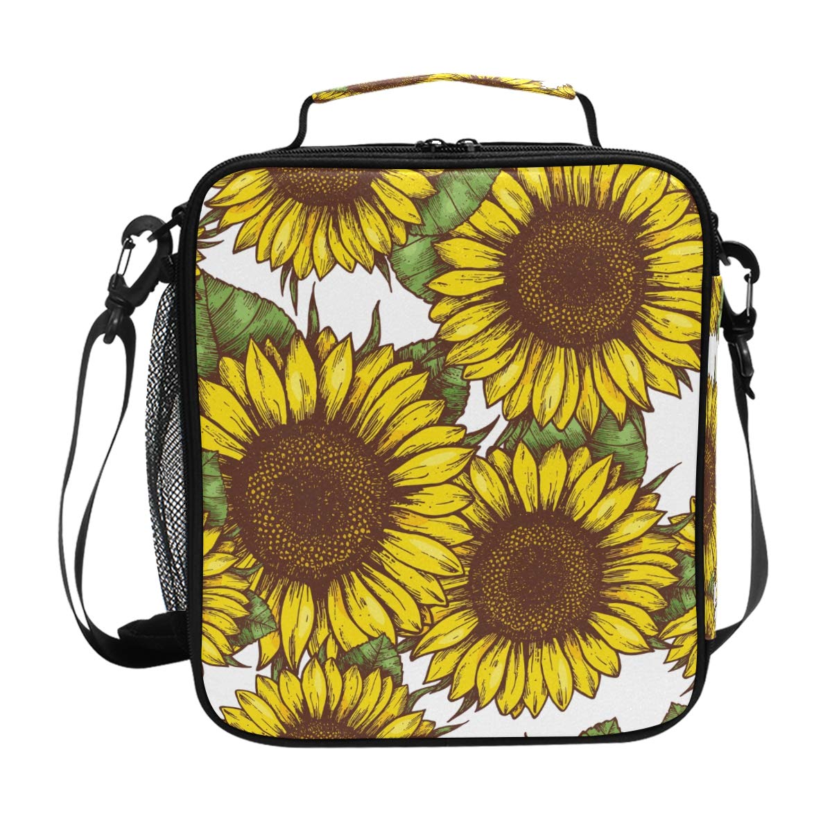 **Insulated Lunch Box Bag with Shoulder Strap - Yellow Sunflower Pattern on White, Thermal Cooler Tote for Food Storage - Perfect for Office, School, Travel & Picnics - Women's Portable Lunch Container**