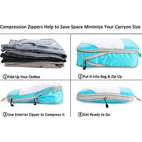 4-Piece Compression Packing Cubes Set - Travel Storage Organizer for Luggage & Suitcases | Expandable Mesh Bags for Clothes, Underwear & Shoes (Blue) | Perfect for Business Trips, Vacations & Weekend Getaways