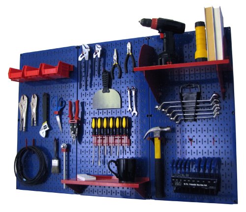 Blue Pegboard with Red Accessories