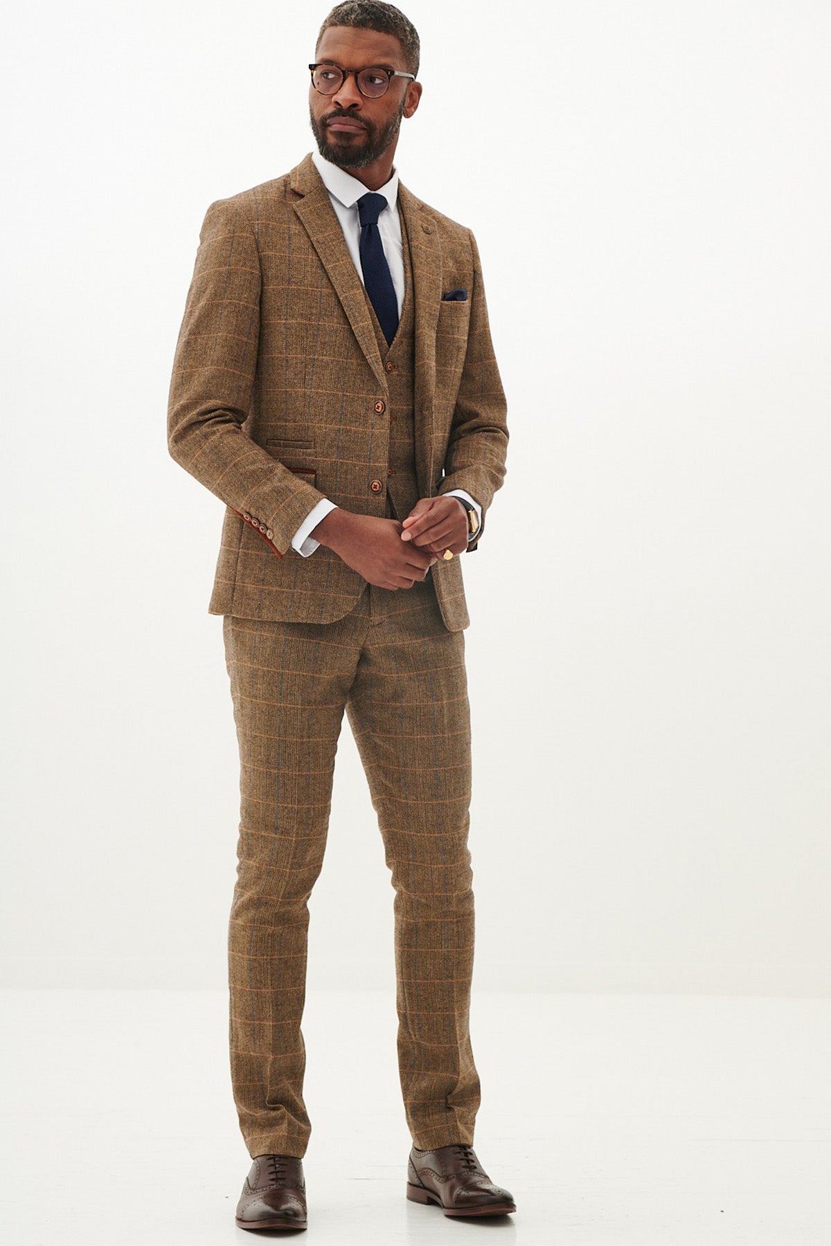 Stylish TED Tan Tweed Check Three-Piece Suit for Men - Perfect for Weddings, Business Meetings & Formal Events