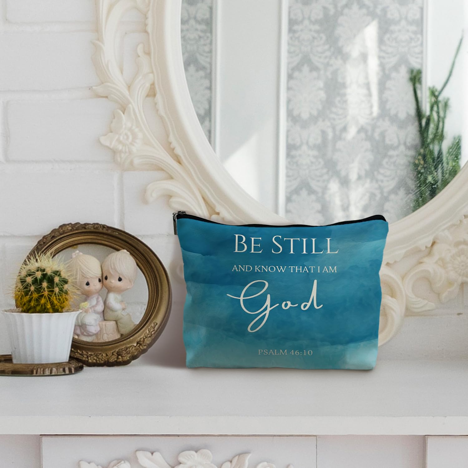Christian Leather Makeup Bag with Bible Verse 'Be Still and Know That I Am God' - Scripture Gift for Women, Blue Pu Cosmetic Pouch - Perfect for Church, Travel & Daily Devotional Use