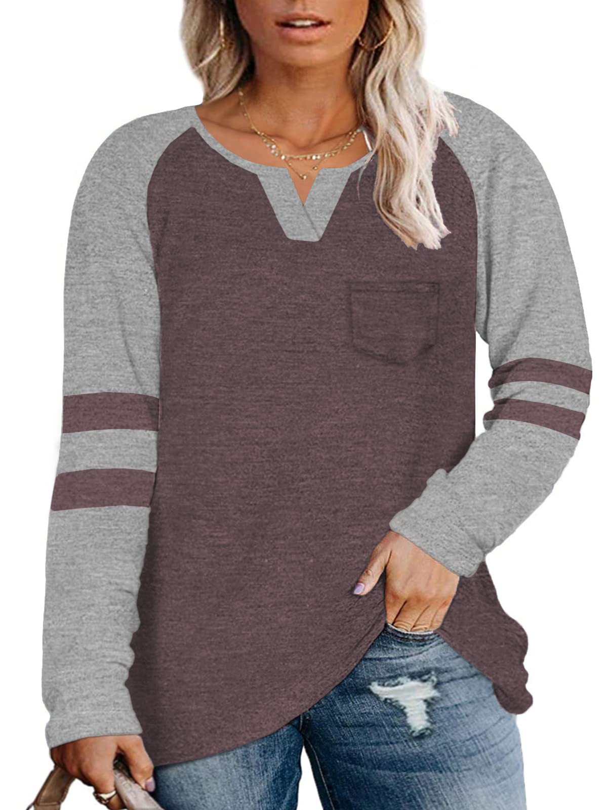VISLILY Plus-Size Women's Long Sleeve V-Neck T-Shirts - Comfortable Raglan Tees for Casual Wear, Work & Everyday Outfits