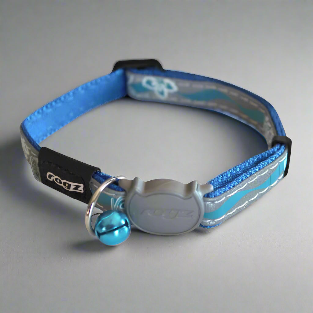 Rogz Reflective Blue Cat Collar with Bell - High Visibility Night Safety Collar for Cats - Perfect for Nighttime Walks and Outdoor Adventures