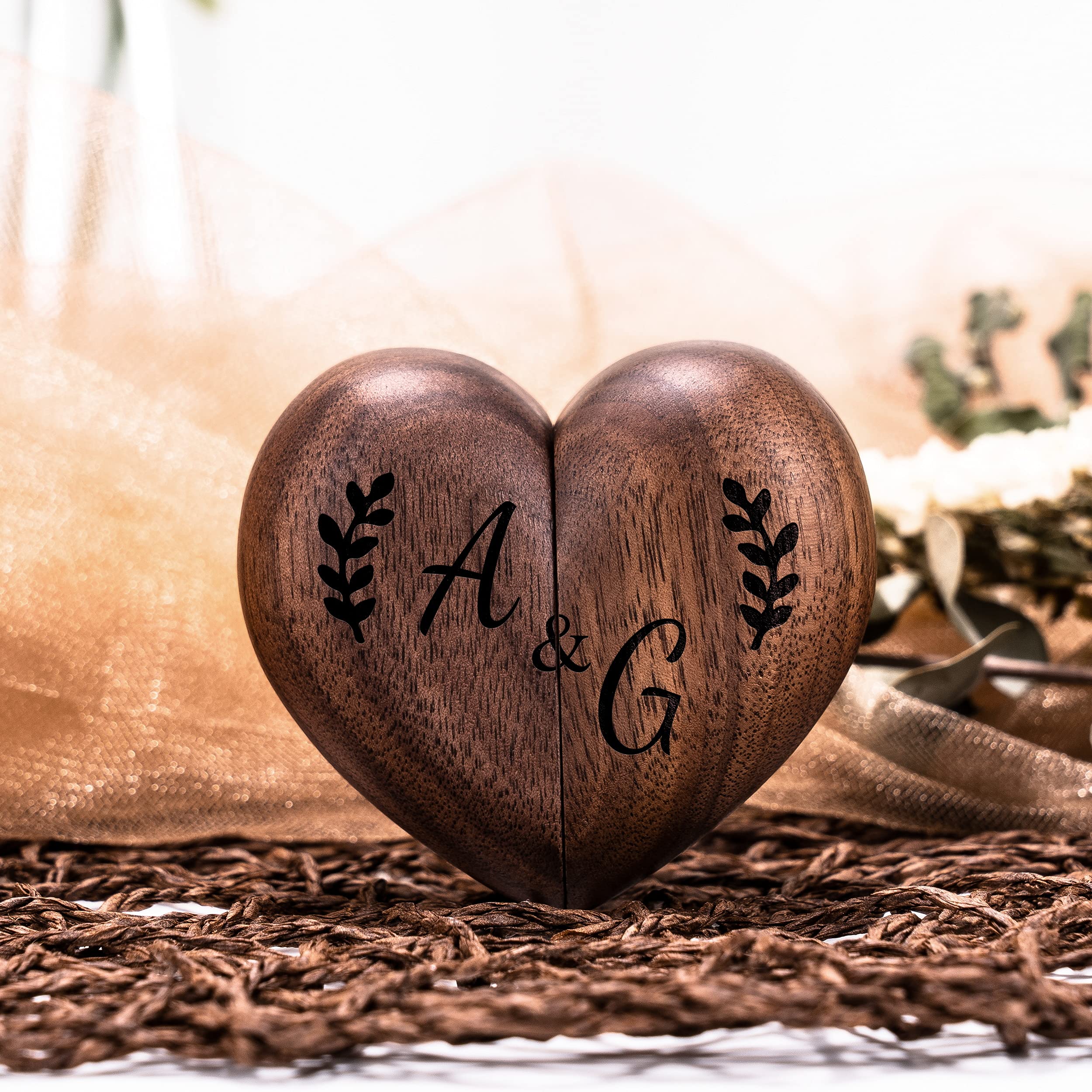 Personalized Custom Engraved Walnut Wood Heart Ring Box - Double Ring Holder for Engagement & Proposal - Unique Wedding Ring Bearer Gift for Women - Perfect for Anniversaries, Valentine's Day & Special Occasions
