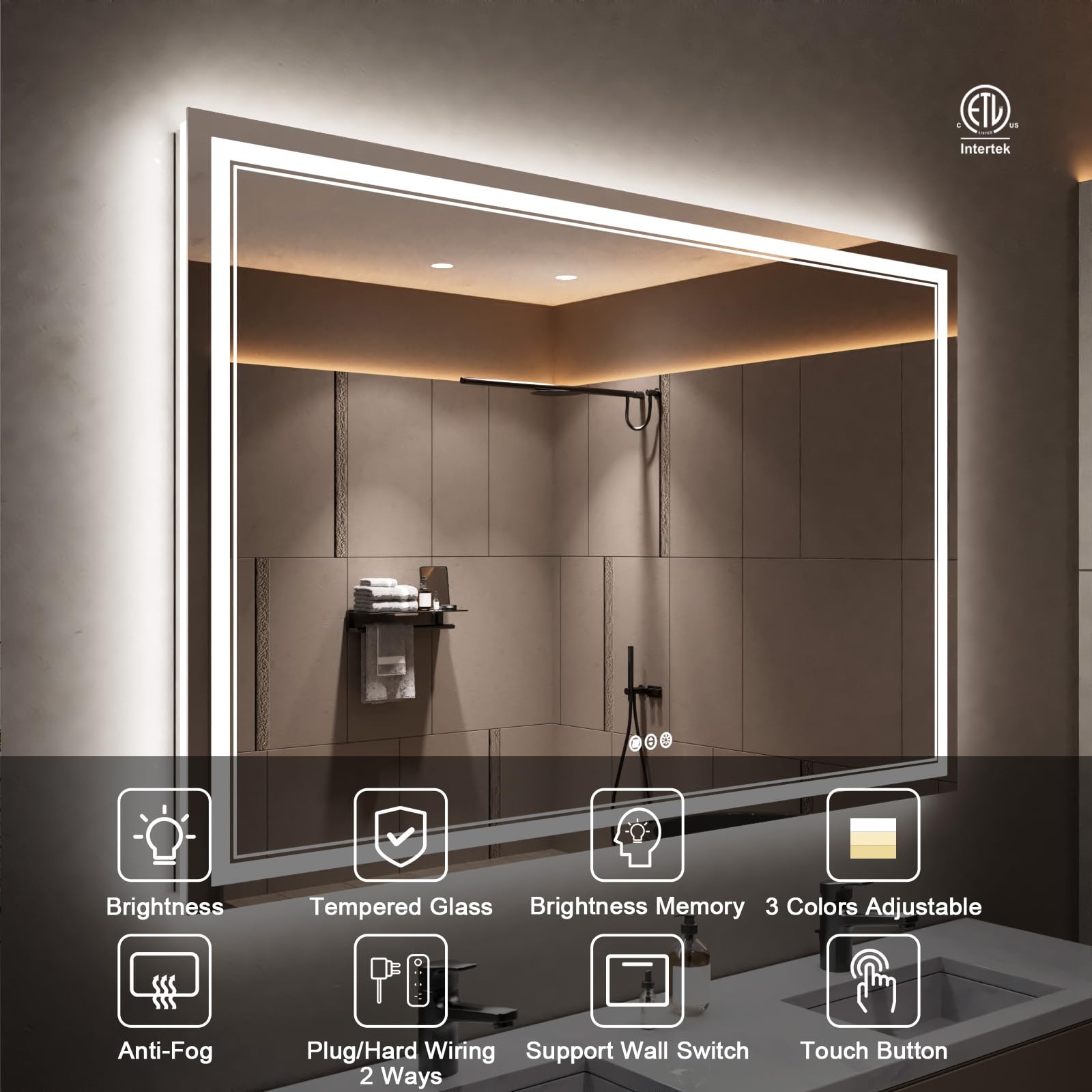 55 x 36 Inch LED Bathroom Mirror with Anti-Fog & Dimmable Backlit Lighting - Shatterproof Vanity Mirror with Memory Function for Wall Mount - Perfect for Modern Bathrooms, Dressing Rooms & Home Decor