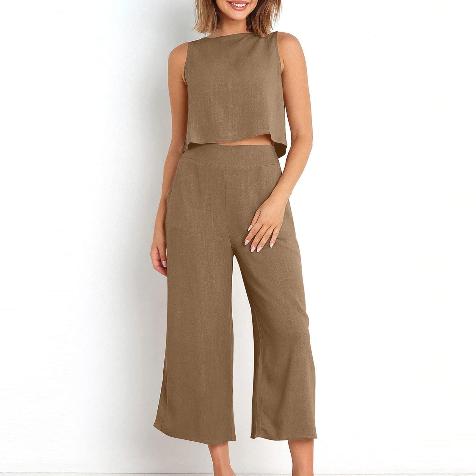 Women's 2-Piece Linen Lounge Set - Summer Crop Top & High Waist Wide Leg Capri Pants Outfit | Casual Wear, Beach Vacation, Yoga, Brunch Dates