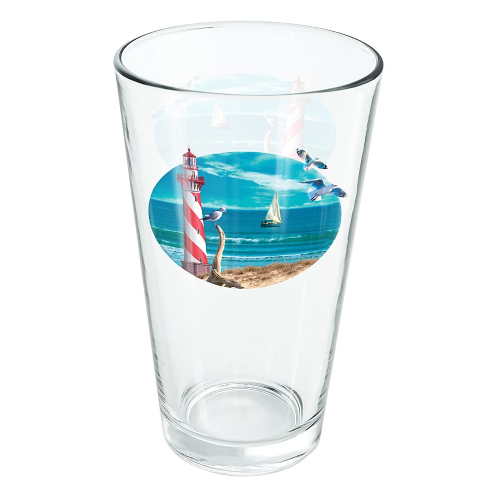 LOGOVISION Lighthouse Seashore Ocean Beach Seagulls Sailboat 16 oz Pint Glass - Tempered Glass with Printed Design - Perfect Fan Gift for Beer, Soda & Cold Beverages - Ideal for Beach Parties, Home Bars & Outdoor Gatherings