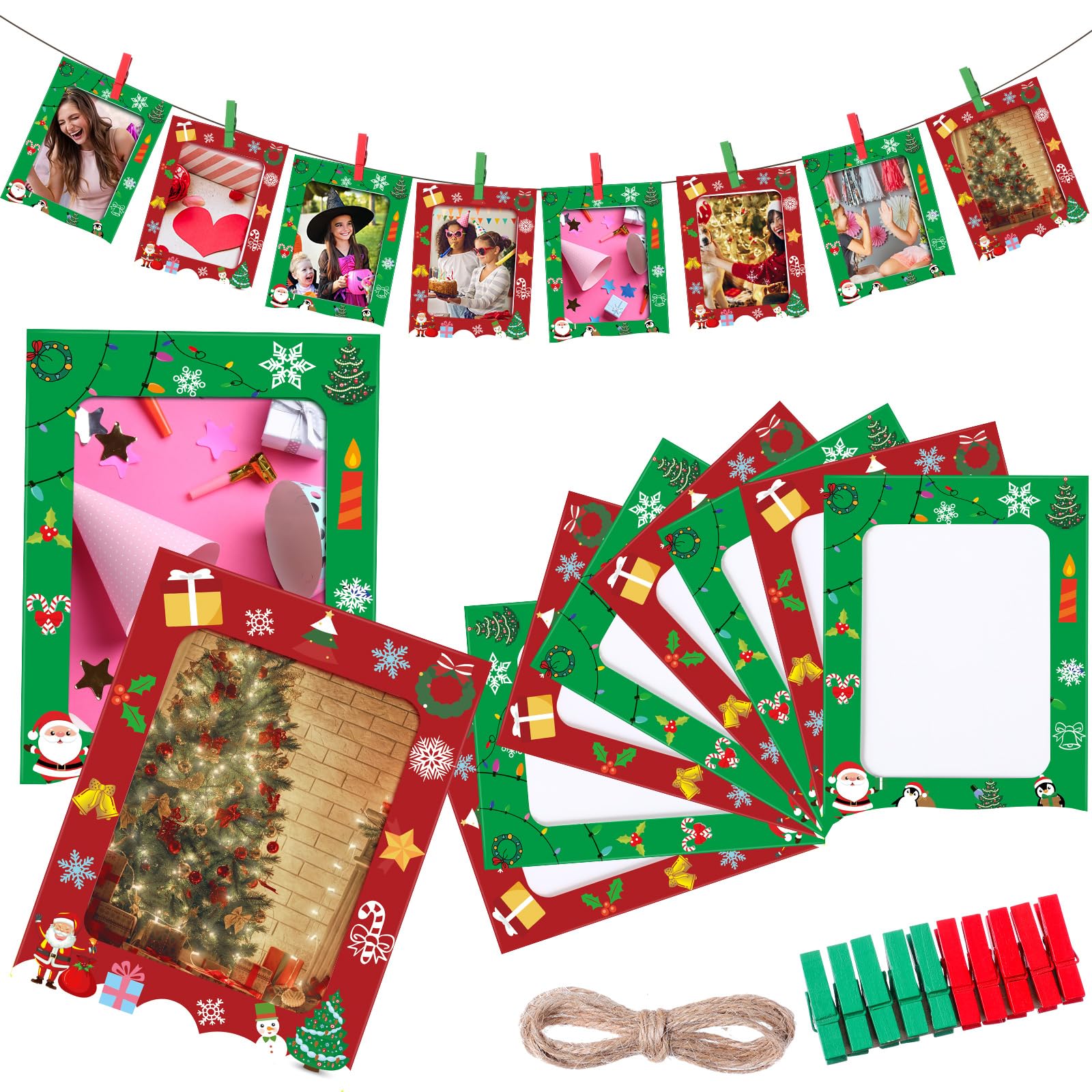 100 Pcs 4x6 DIY Paper Picture Frames with Clips & String Kit - Hanging Cardboard Photo Holders for Home Decor, Weddings, Parties (Red, Green, Santa Claus) | Perfect for Carnival, Valentine's Day, Mardi Gras & Wall Displays