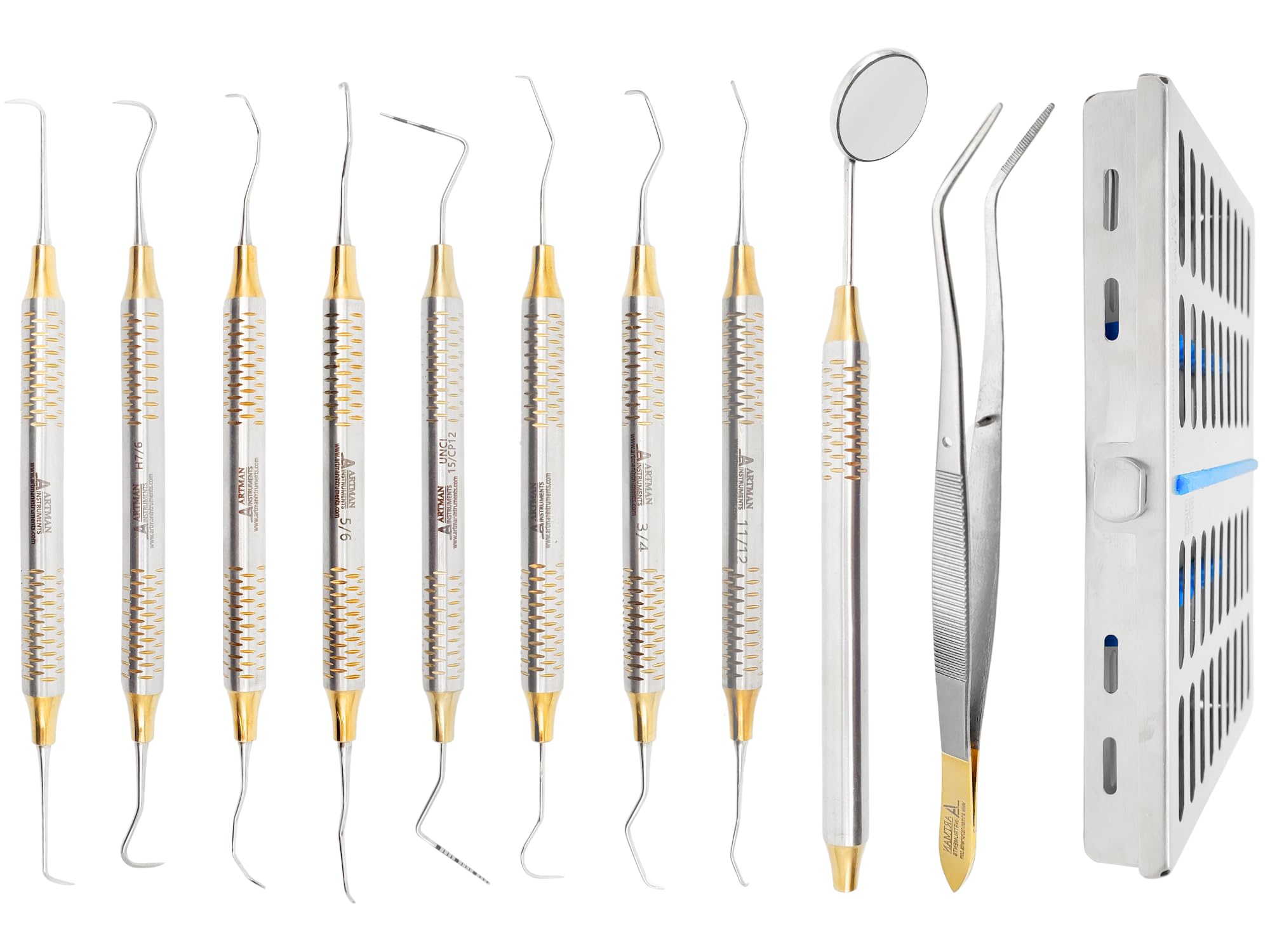 ARTMAN INSTRUMENTS Professional Dental Hygienist Tool Kit (10-Piece Set) - Stainless Steel Mirror, Probe, Tweezer, Scalers & Curettes - Teeth Cleaning Tools for Dentists, Hygienists & Home Use - Autoclavable with Sterilization Cassette - Perfect for Dental Clinics, Schools & Personal Oral Care