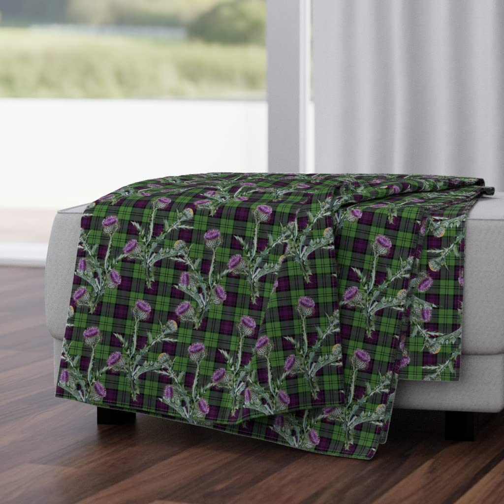 Soft Plush Minky Throw Blanket 50x70 Inches - Tartan Plaid Thistle Scottish Wildflowers Design in Green & Purple | Cozy Home Decor, Gift Idea for Christmas, Bedroom & Living Room