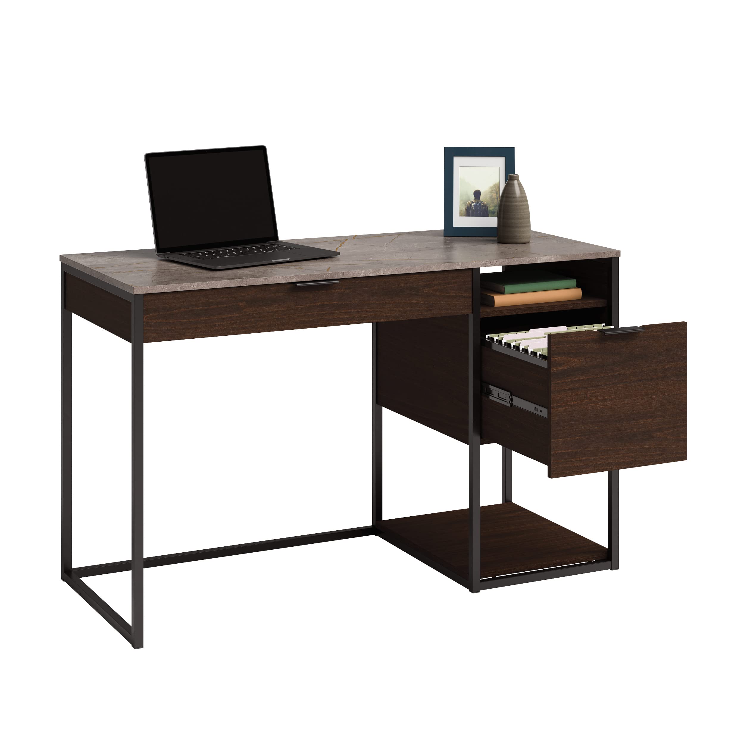 Sauder International Lux Single Pedestal Home Office Desk - Modern Umber Wood Finish for Study, Work from Home & Small Office Spaces