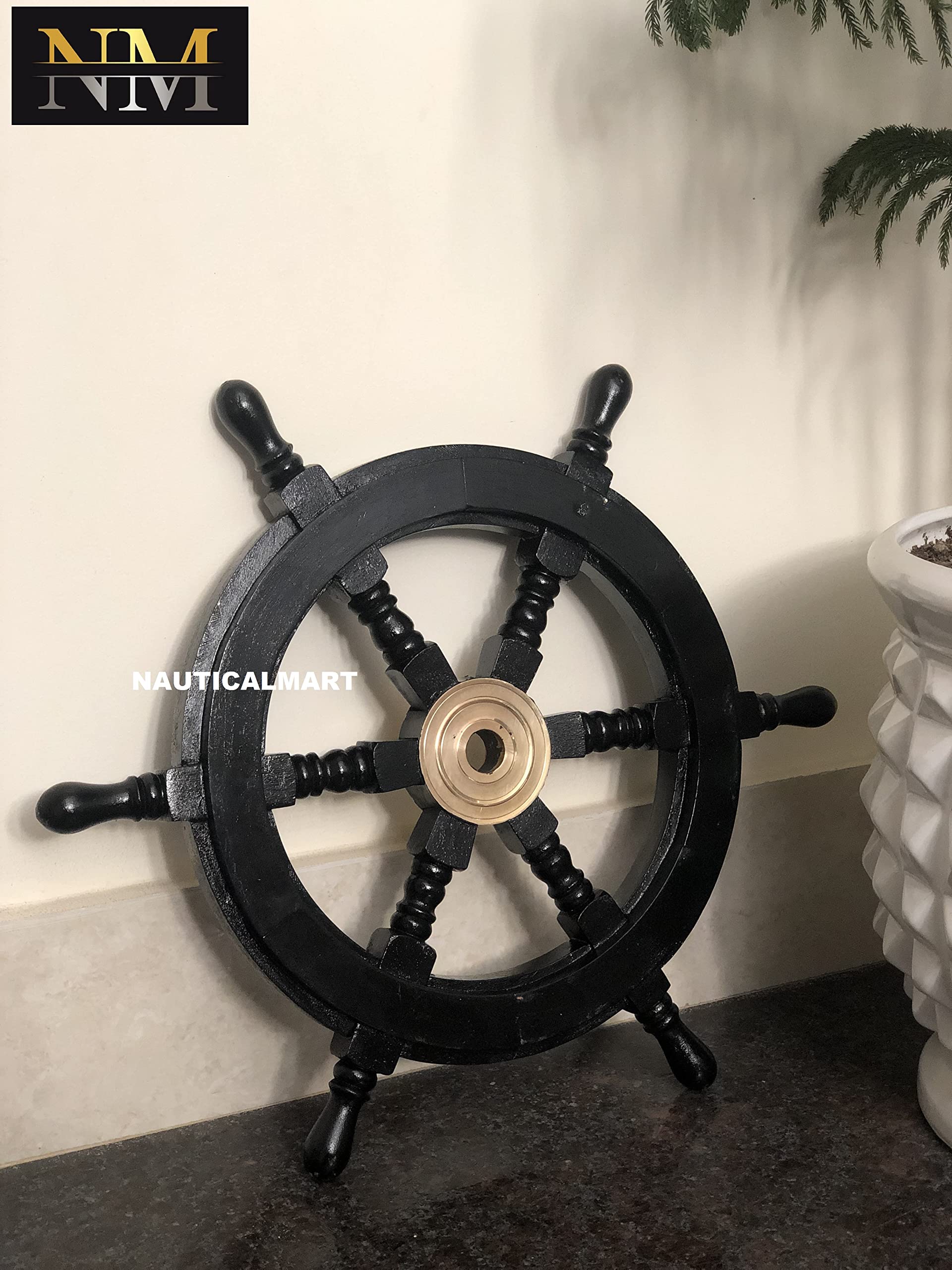 Nautical Pirate Ship Wheel - 30 Inch Black Wooden Boat Wheel for Beach Garden & Home Decor - Perfect for Coastal Themed Parties, Nautical Weddings, and Pirate Themed Room Decorations