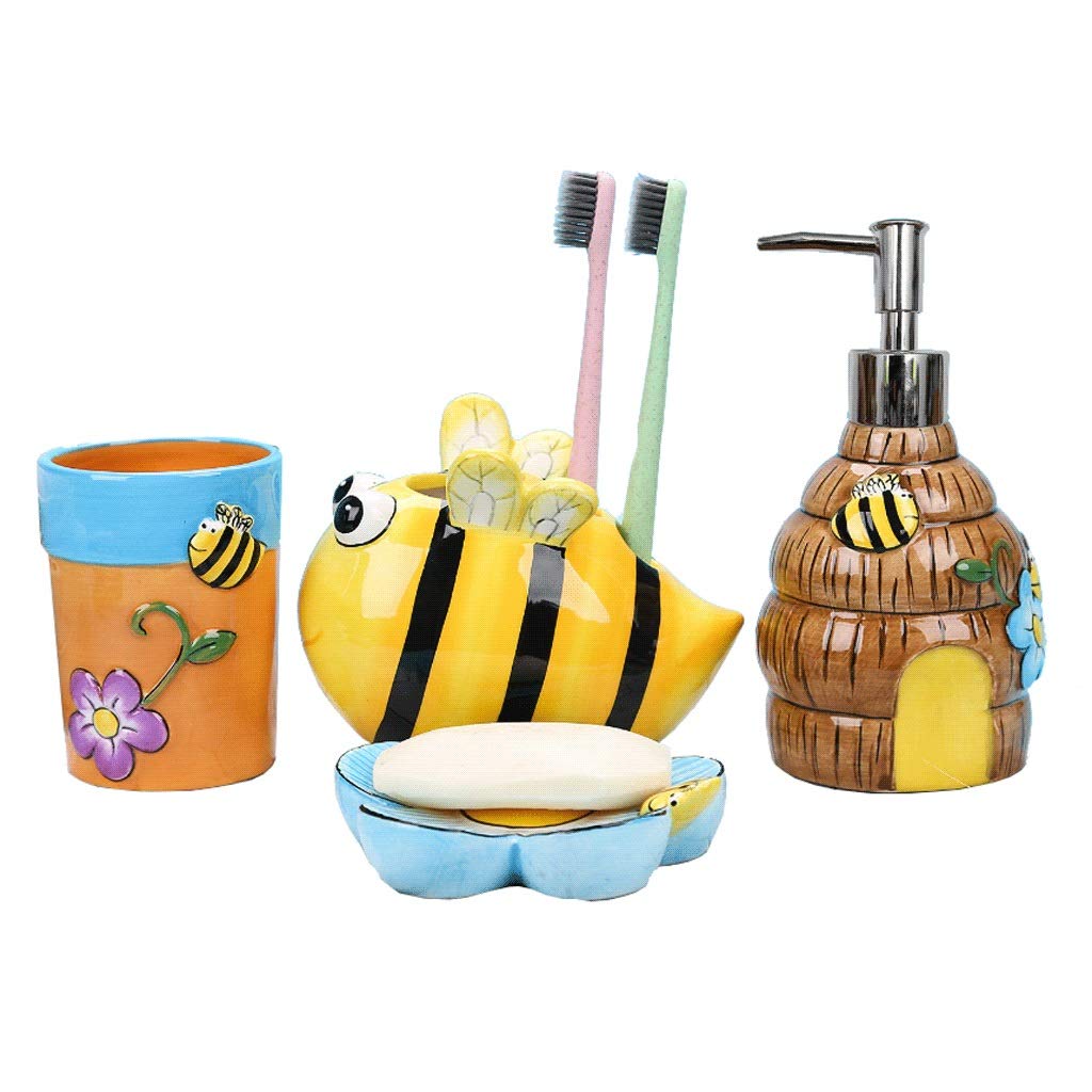 ZANZAN 4-Piece Kids Bathroom Accessories Set - Ceramic Soap Dispenser, Cute Bee Design, Non-Slip Pump for Children's Bathroom & Kitchen - Perfect for Home, Nursery, and School Use