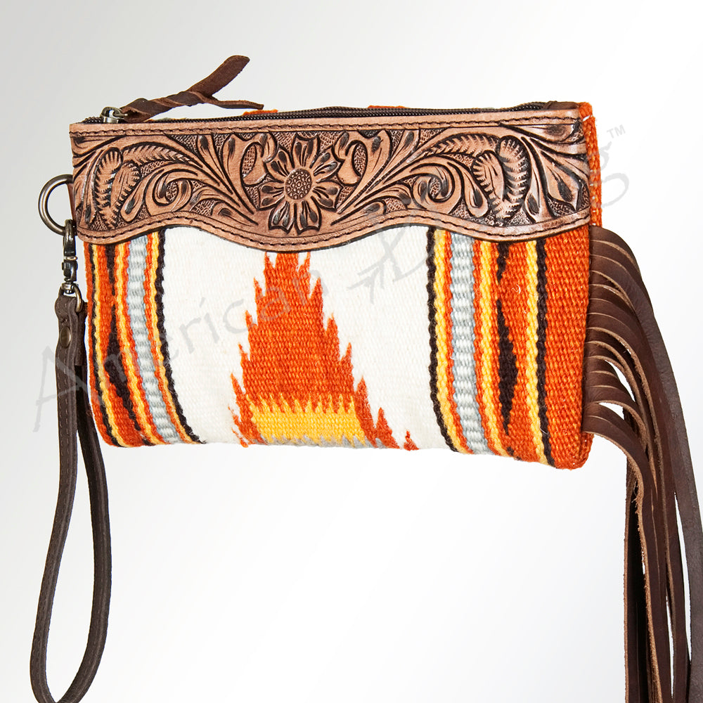 American Darling WRISTLET Hand Tooled Upcycled Wool Genuine Leather Women's Western Handbag Purse - Perfect for Cowgirl Fashion, Rodeo Events & Vintage Style Accessories