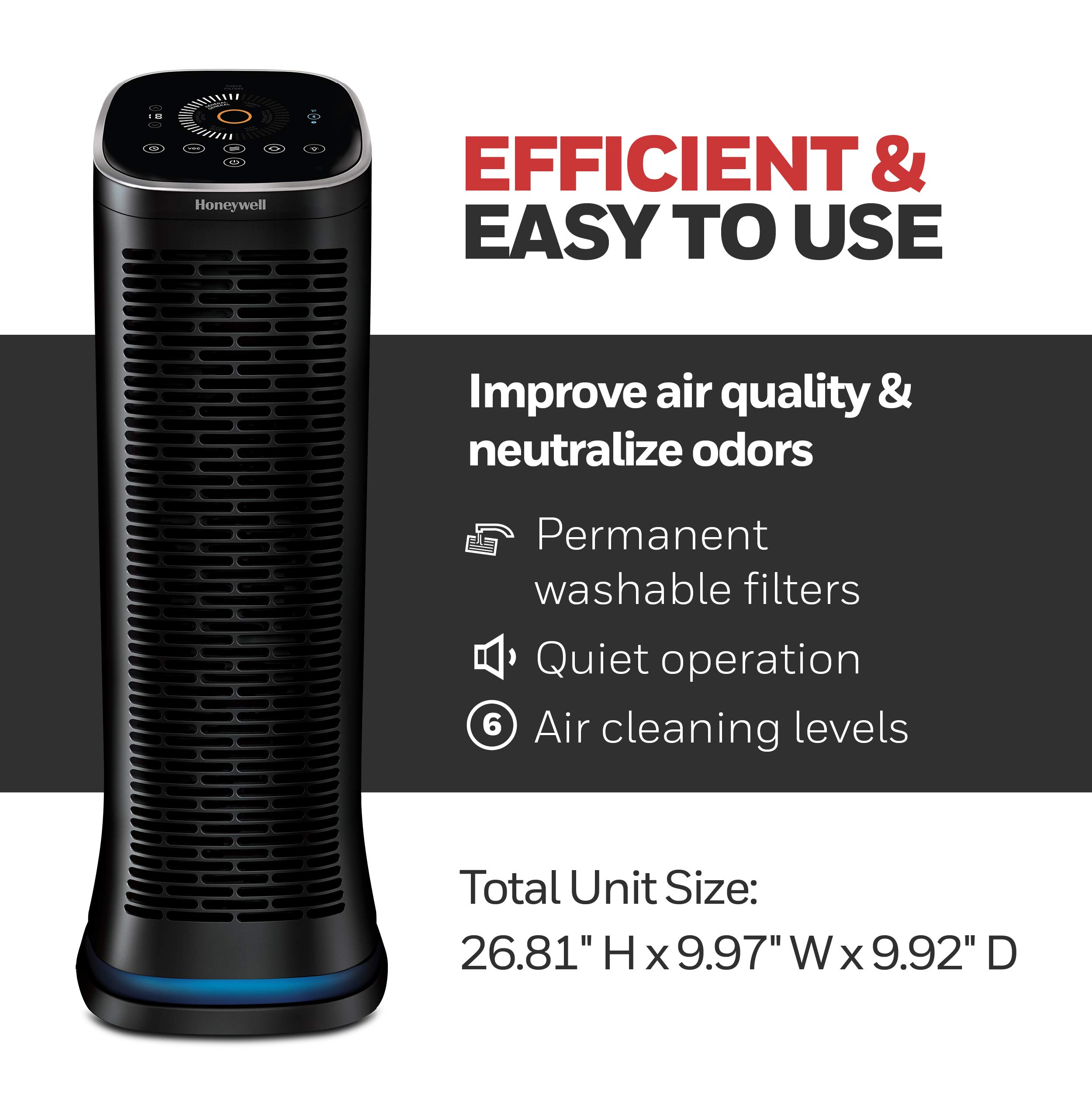 Honeywell HFD360 Air Genius 6 Bluetooth Air Purifier with Washable Permanent Filter for Large Rooms up to 260 sq. ft - Black | Bedroom, Living Room, Office Air Cleaner for Allergies & Dust Removal