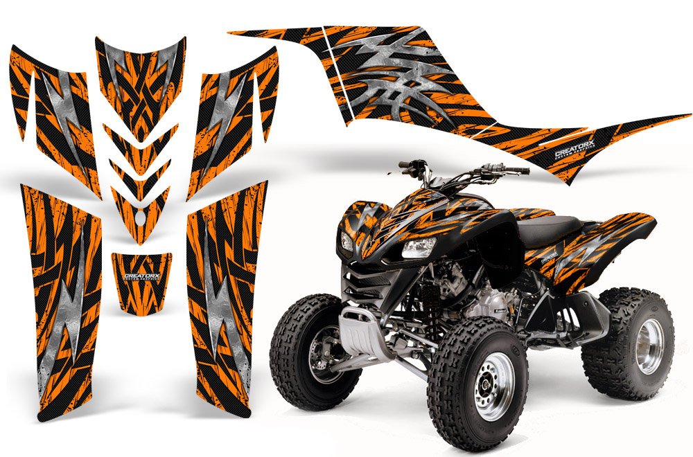 Kawasaki KFX 700 ATV Graphics Kit - High-Quality Decals & Stickers in Bolt Thrower Orange | Off-Road Racing & Trail Riding Accessories