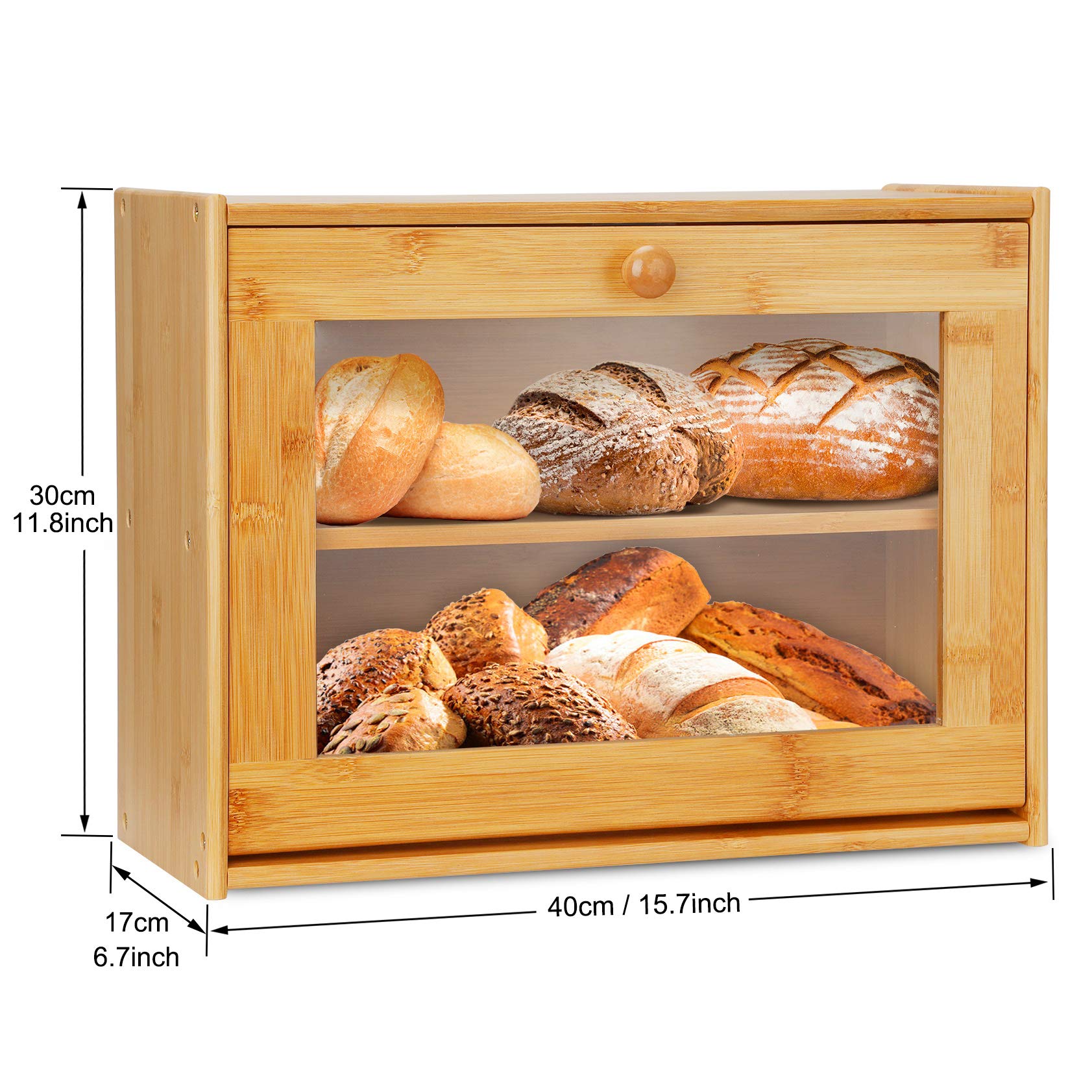 2-Tier Bamboo Bread Box with Acrylic Window - Countertop Bread Bin & Dry Food Storage Container for Kitchen, Pastries, Loaf, Fruits, Jam - Easy Self-Assembly for Organized Pantry & Baking Needs