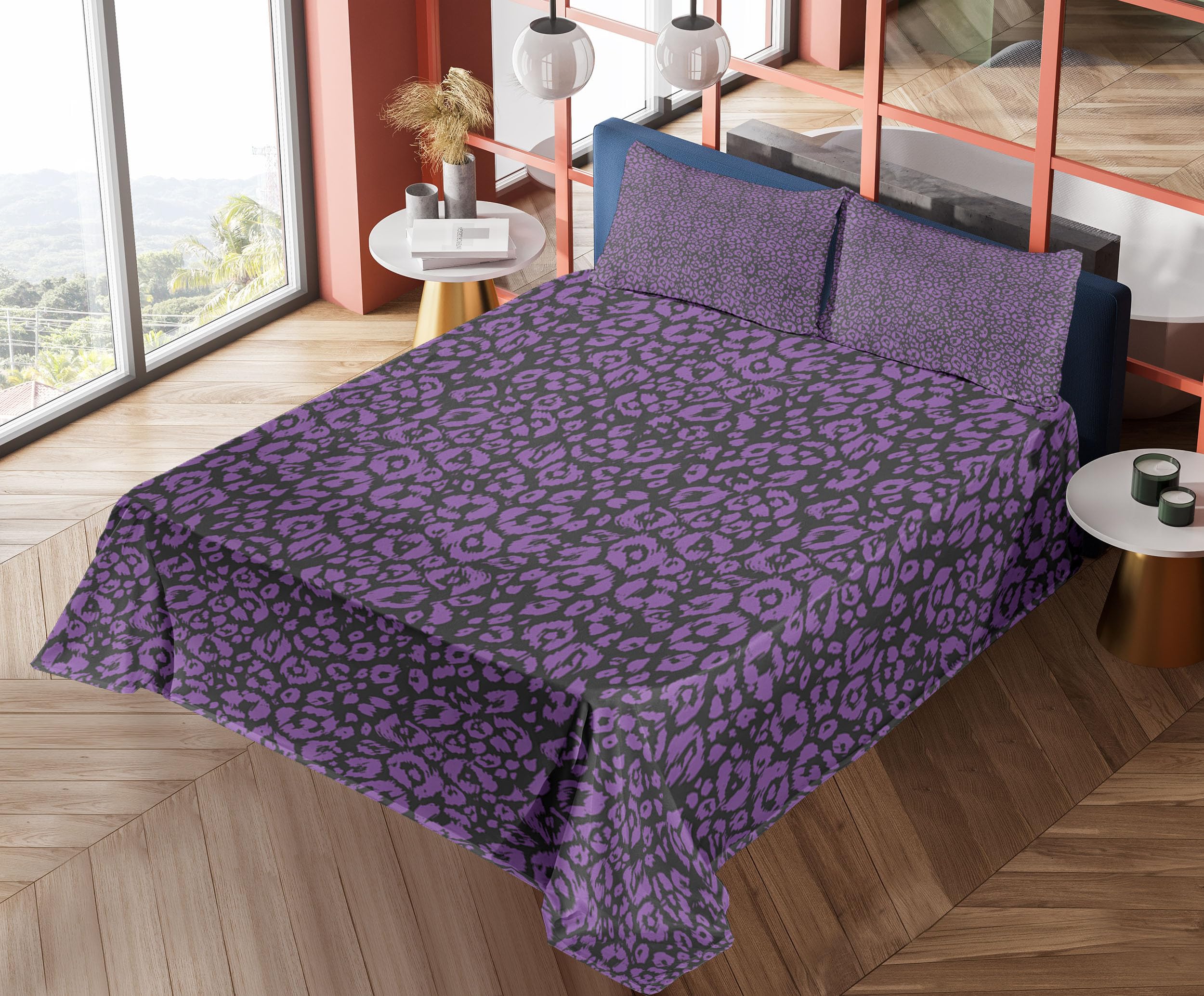 Ambesonne Abstract Leopard Print Sheet Set - Geometric Monochrome Design, King Size 4-Piece Bedding Set with Fitted Sheet, Flat Sheet & Pillowcases in Violet & Charcoal Grey - Perfect for Modern Bedrooms, Guest Rooms & Luxury Home Decor