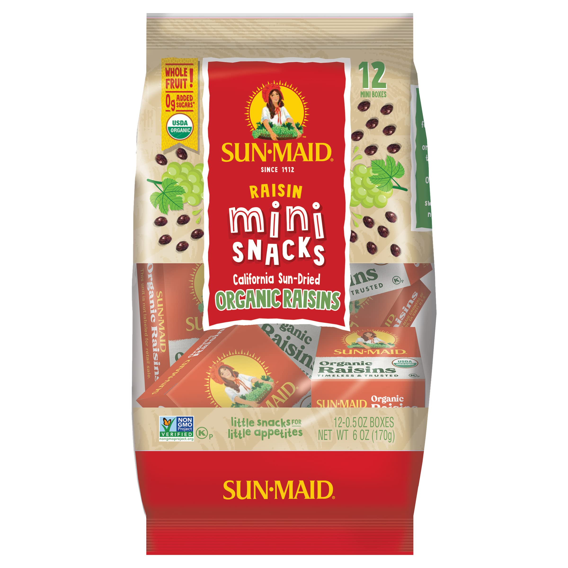 Organic Sun-Maid Raisins - Healthy Dried Fruit Snacks (6oz Pack of 5) | Perfect for Lunchboxes, Baking & On-the-Go Snacking