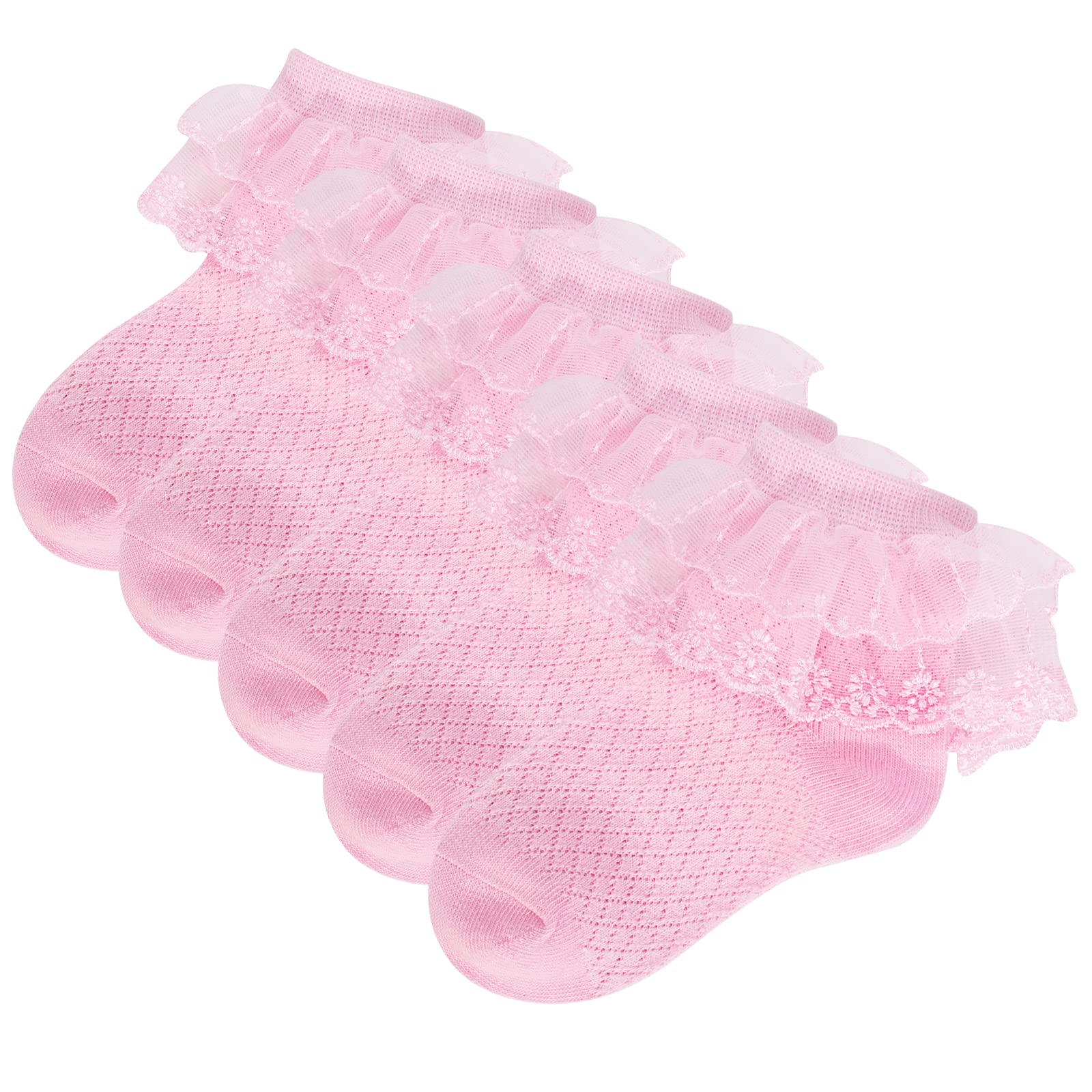 Looching 5 Pairs Toddler Baby Girls Ruffle Lace Socks - Breathable Eyelet Mesh Cotton Frilly Ankle Soft Dress Socks for Kids 2-13T - Perfect for Princess Costumes, Special Occasions & Everyday Wear