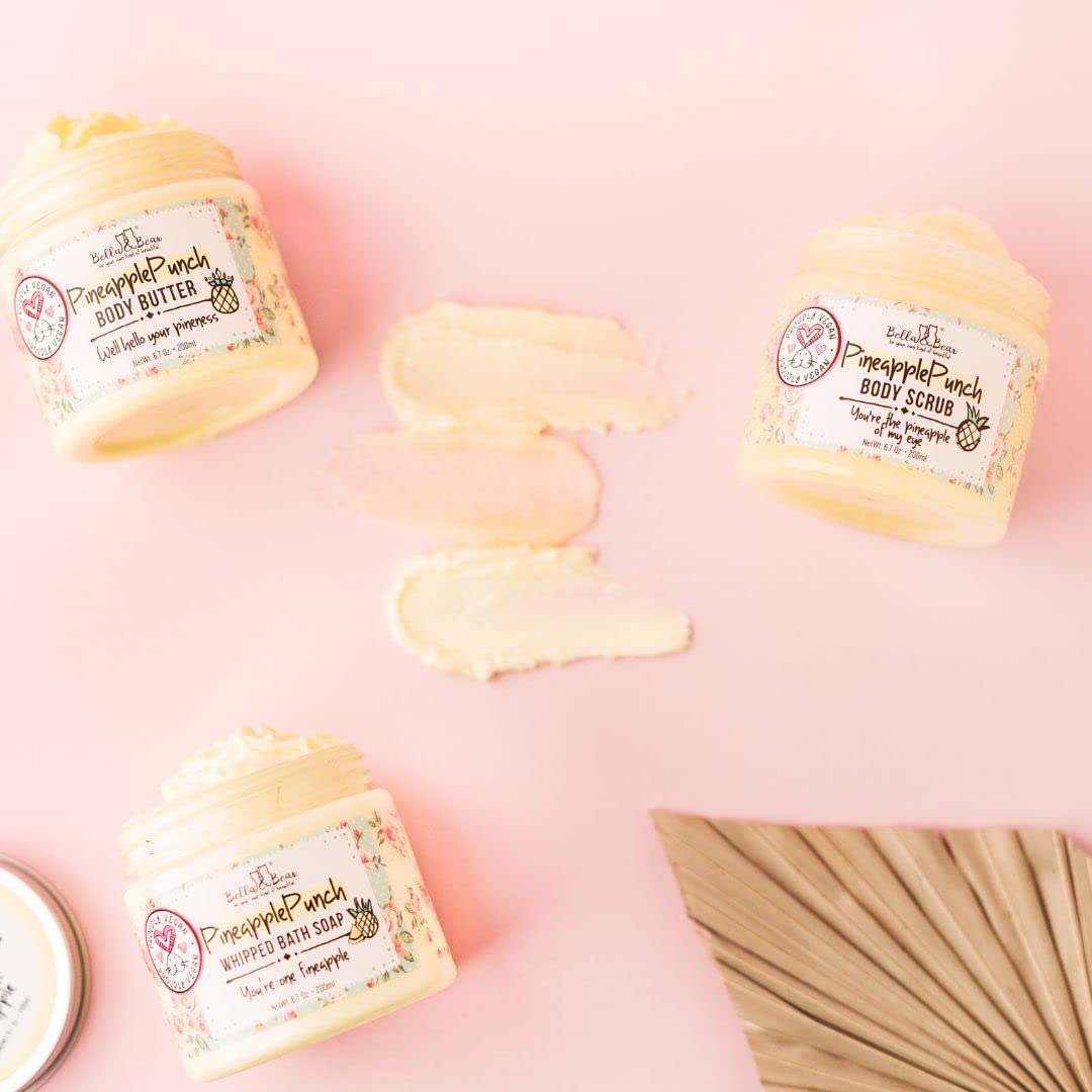 Bella & Bear Pineapple Body Butter - Hydrating & Nourishing Vegan Moisturizer, Travel Size 3.4oz - Perfect for Dry Skin Care, On-the-Go Hydration & Tropical Spa Experience