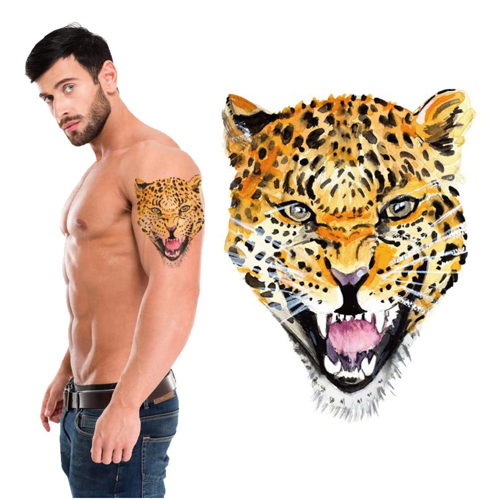 Realistic Temporary Tattoo Stickers for Men & Women - Colorful Roaring Leopard Face Design (21x15cm) | Unisex Body Art for Parties, Halloween, Cosplay & Fashion Statements