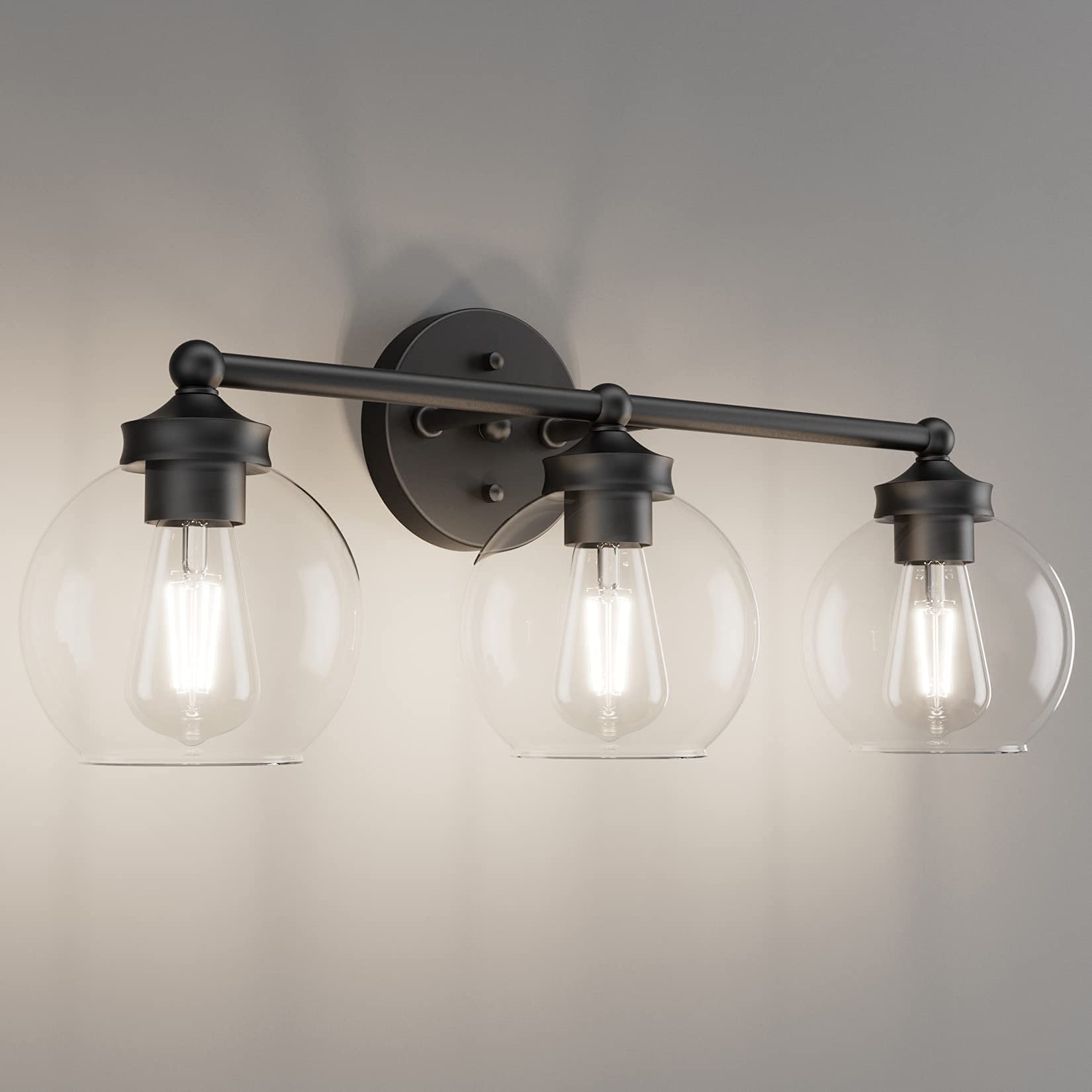 Vintage Matte Black 3-Light Bathroom Vanity Lighting Fixture with Clear Glass Globes - Farmhouse Style Industrial Bathroom Sconce for Modern & Rustic Decor (Bulbs Not Included) | Perfect for Bathroom, Powder Room & Dressing Area Lighting