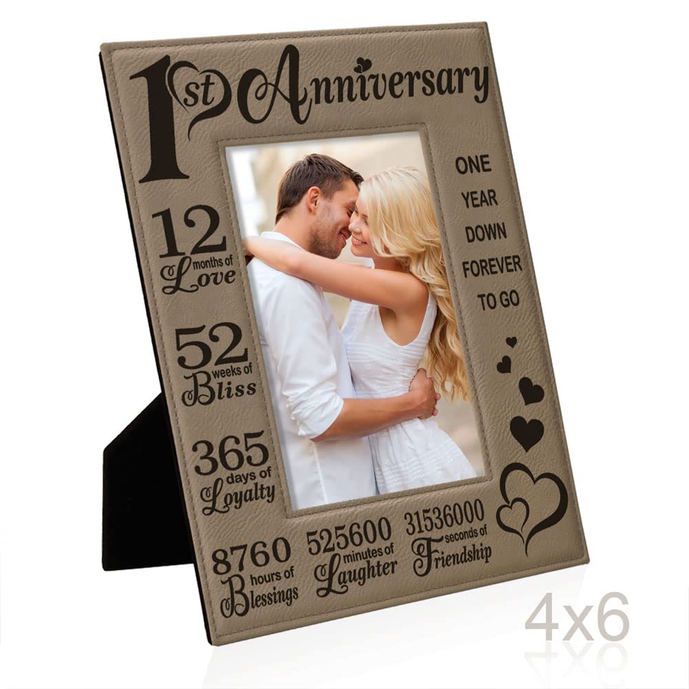 KATE POSH 1st Anniversary Engraved Leather Picture Frame - 4x6 Vertical Wedding Gift for Couples, Him & Her | Romantic Keepsake for Paper Anniversary | Perfect for Bedroom, Office Desk or Gift Display