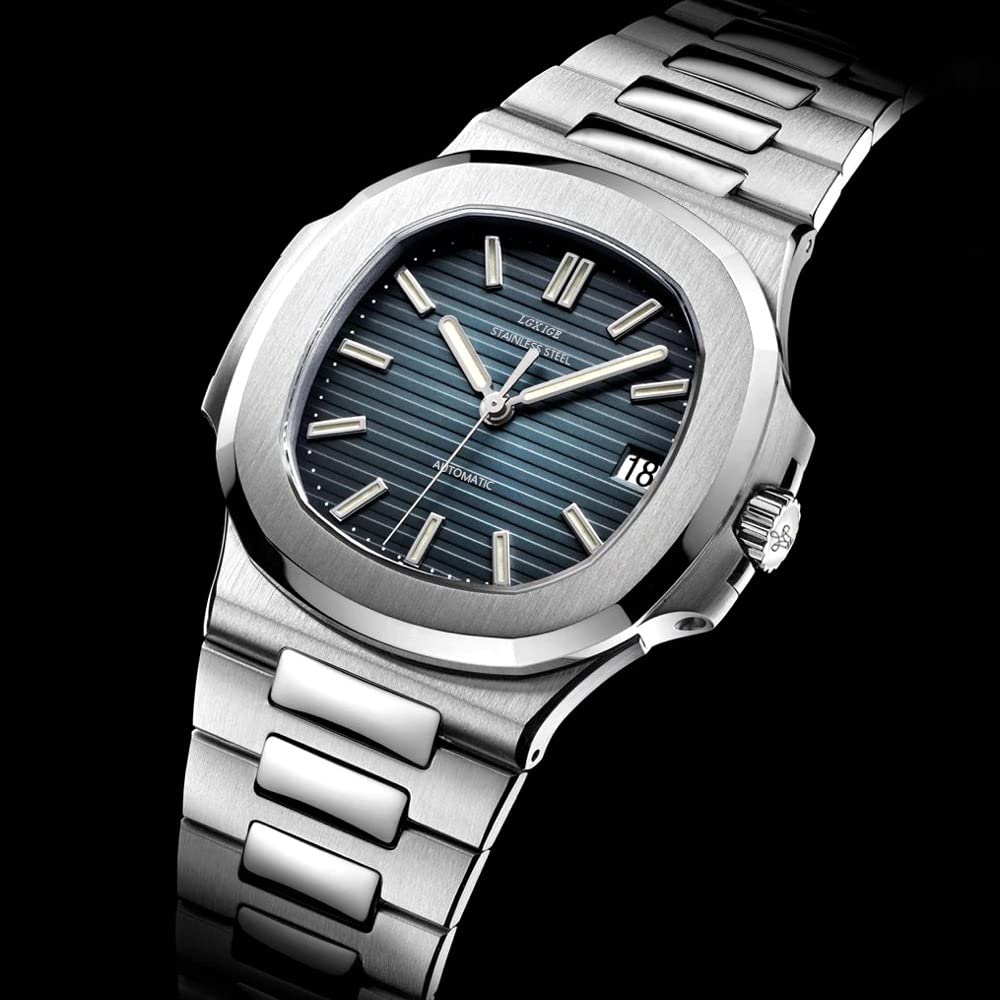 LGXIGE Men's Automatic Water Resistant Watch - Luxury Stainless Steel Blue Dial with Luminous Hands - Patek Philippe Style Dress Watch for Business, Formal Events & Everyday Wear