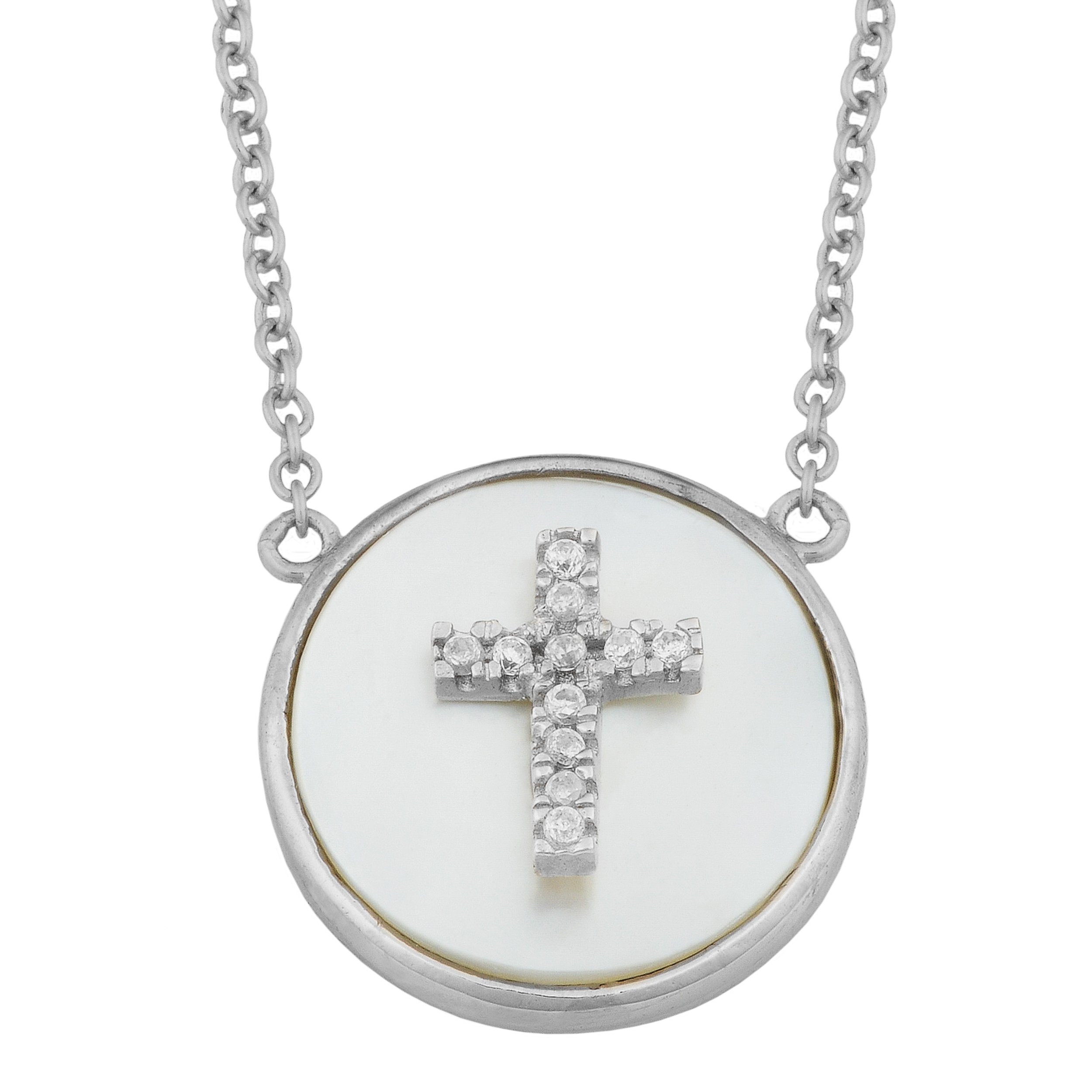 Kooljewelry Sterling Silver Mother of Pearl Cross Necklace with Cubic Zirconia - 18 Inch Religious Jewelry for Women, Perfect Gift for Baptism, Confirmation & Everyday Wear