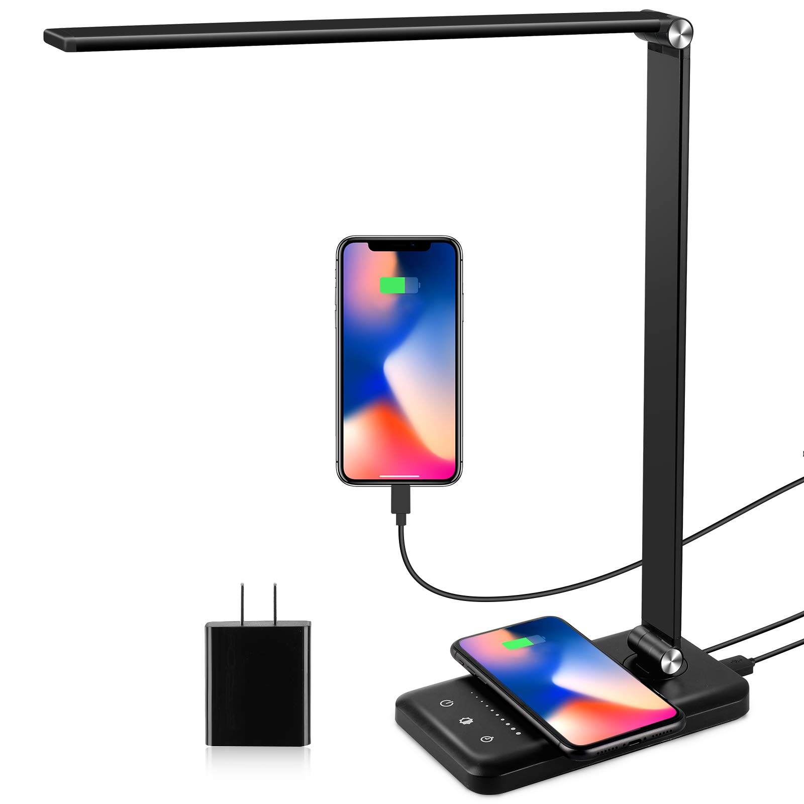 EASTAR LED Desk Lamp with USB Charging Port & Wireless Charger - 5 Lighting Modes, Adjustable Brightness, Timer Function - Eye-Caring Study Lamp for Home Office, College Dorm Room Essentials (Black) | Perfect for Reading, Working & Nightstand Use