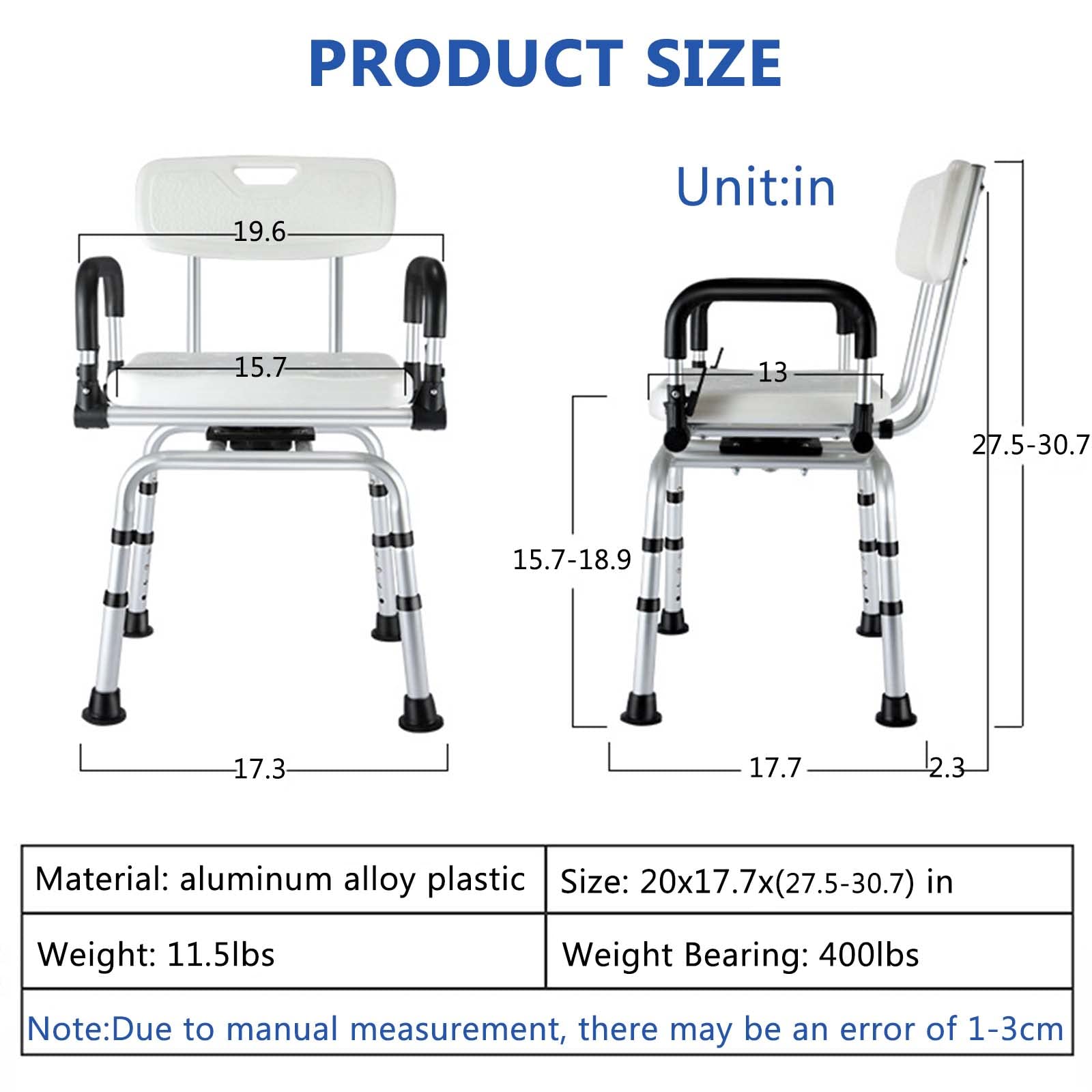 360° Swivel Shower Chair with Adjustable Height & Liftable Armrests - Bath Safety Seat for Elderly & Adults - Non-Slip Bathtub Stool for Seniors Mobility - Ideal for Bathroom Safety, Post-Surgery Recovery & Accessible Showering