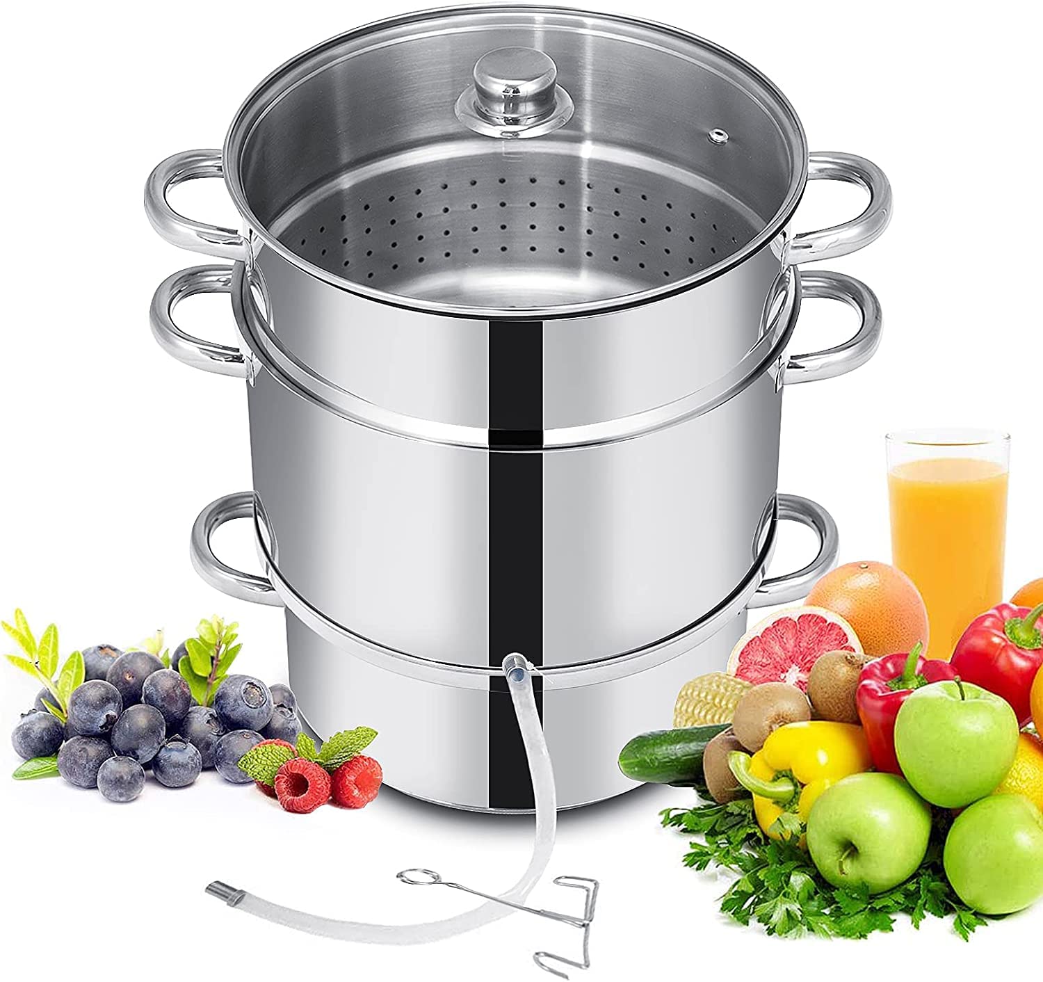 FANTASK 11-Quart Stainless Steel Steam Juicer & Pasta Pot with Tempered Glass Lid - Includes Hose, Clamp & Safe Loop Handle - Easy to Use for Extracting Juice from Fruits & Vegetables - Perfect for Home Canning, Jam Making & Healthy Cooking