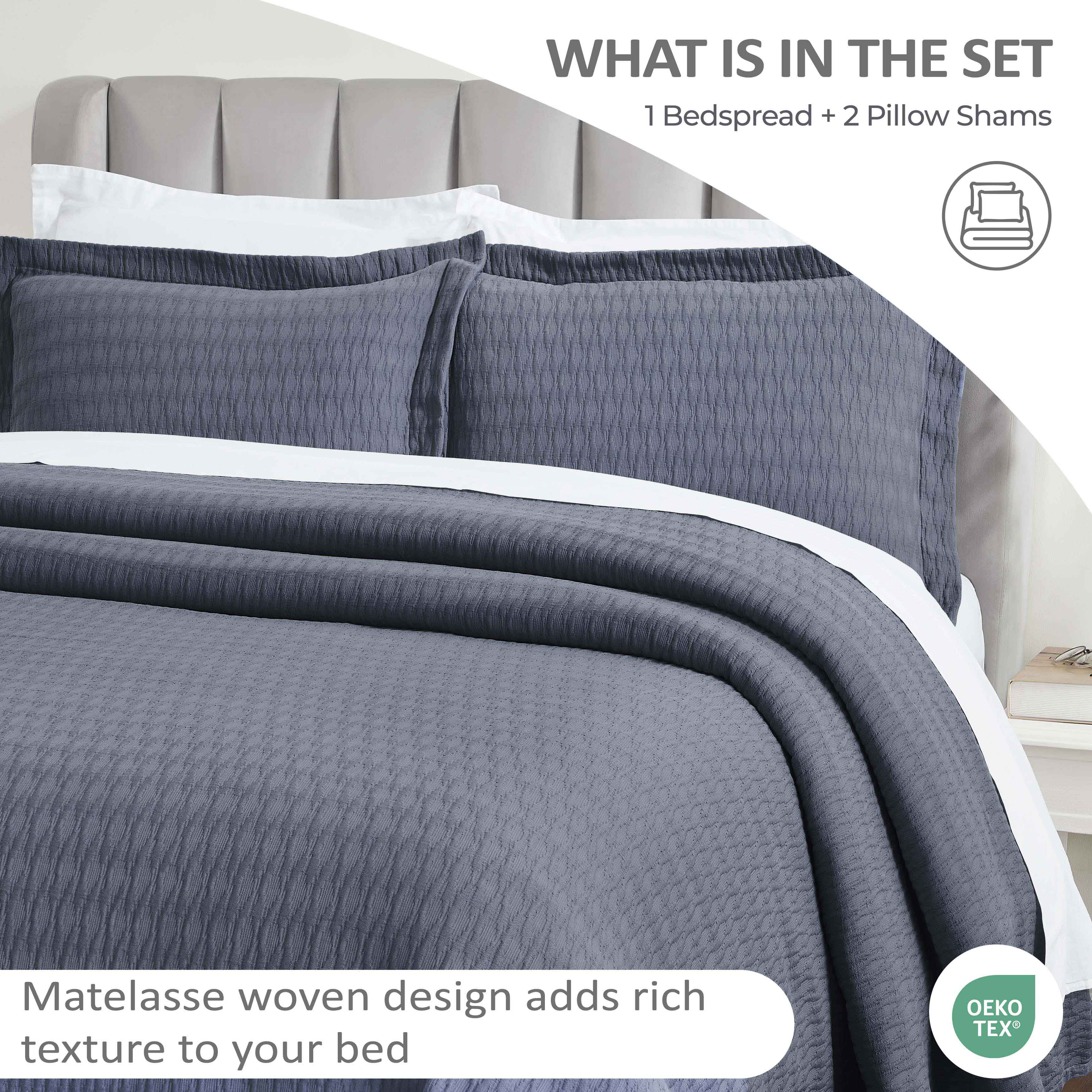 Calvert Cotton Medium Weight Geometric Matelasse Bedspread Set - Queen Size Luxury Bedding for Modern Bedrooms | Perfect for Master Bedroom, Guest Room & Dorm Decor