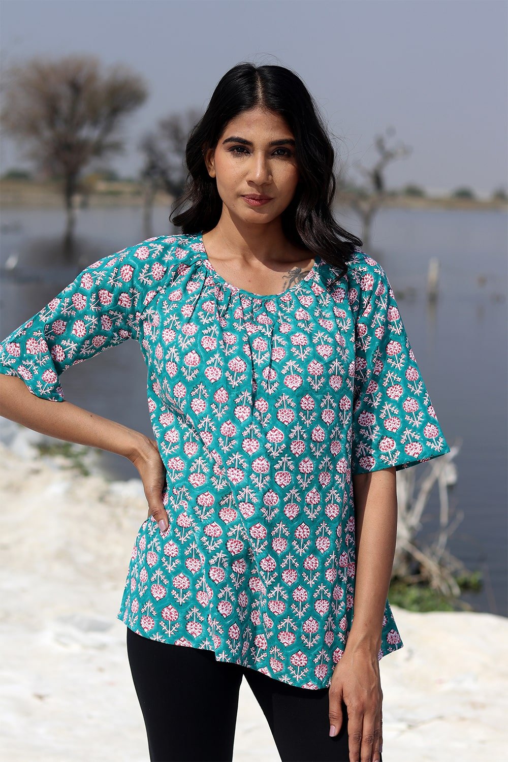 SootiSyahi 'Teel Feather' Hand Block Printed Cotton Women's Top - Boho Chic Blouse for Casual Wear & Summer Outfits