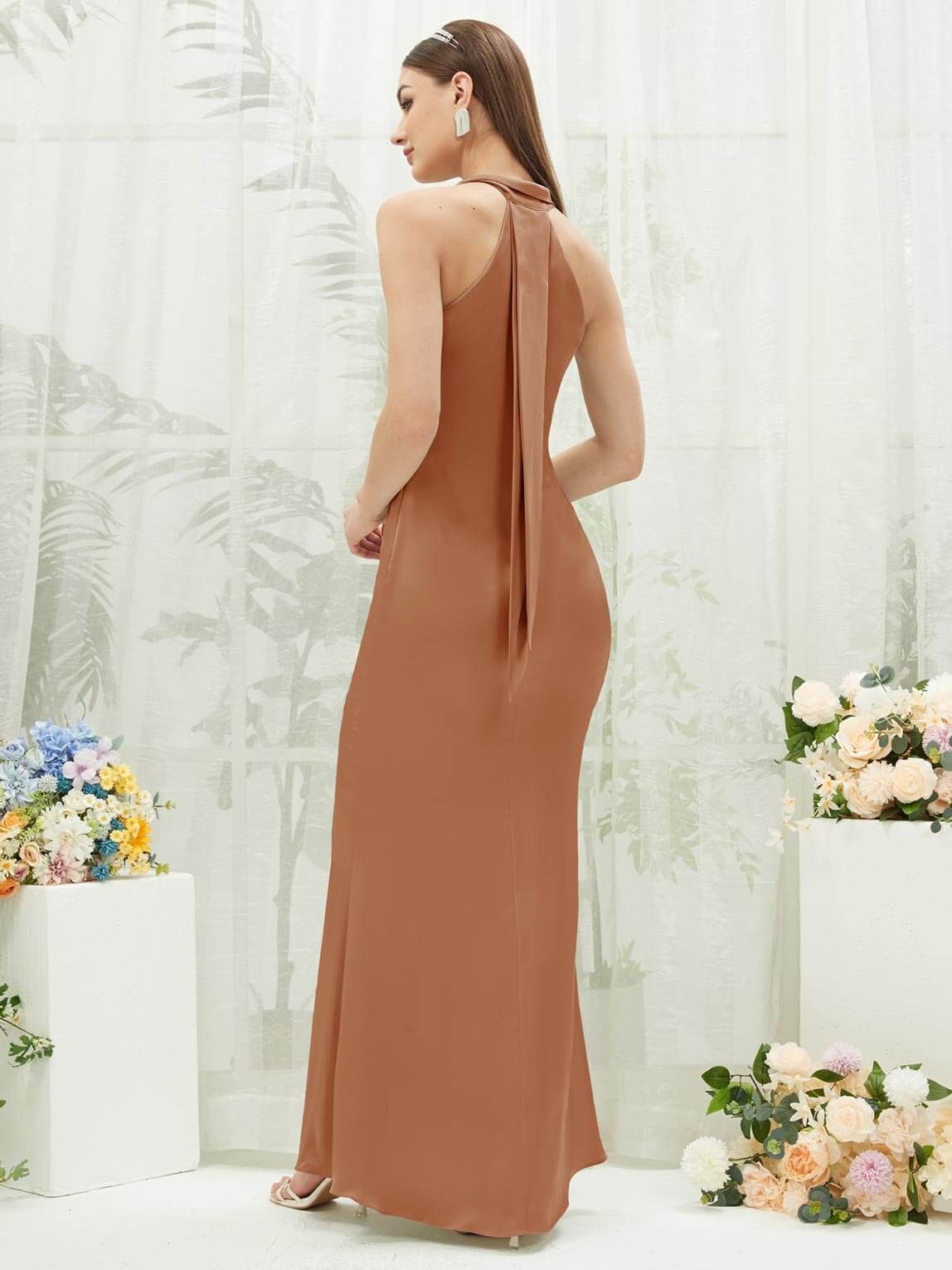 Elegant Silk Satin Halter Neck Sheath Bridesmaid Dress - Sleeveless Formal Gown for Weddings, Parties & Special Occasions