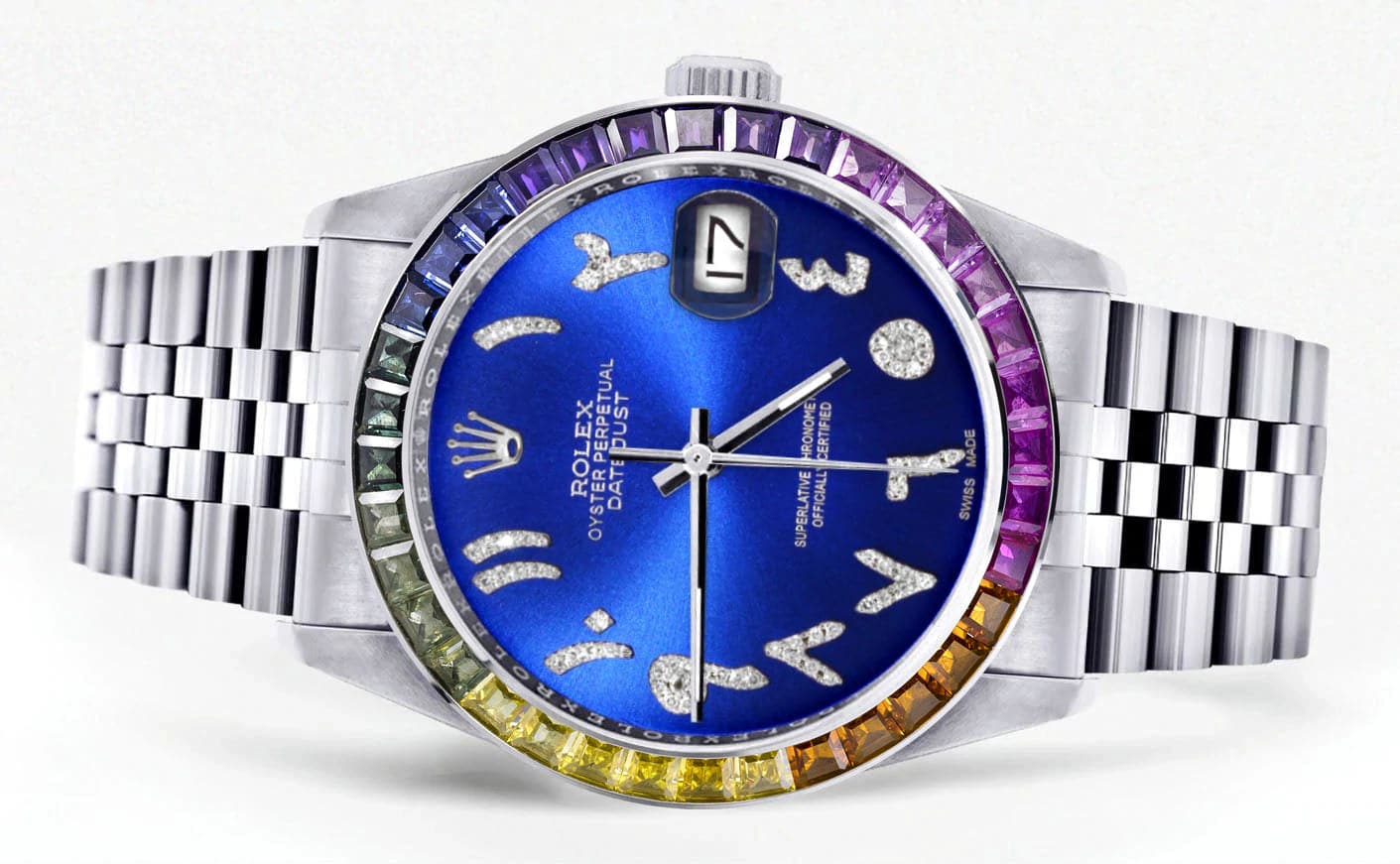 Luxury Diamond Gold Rolex Watch For Men 16200 | 36mm Stainless Steel | Rainbow Sapphire Bezel | Blue Arabic Dial | Jubilee Bracelet | Perfect for Gifts, Weddings & Special Occasions