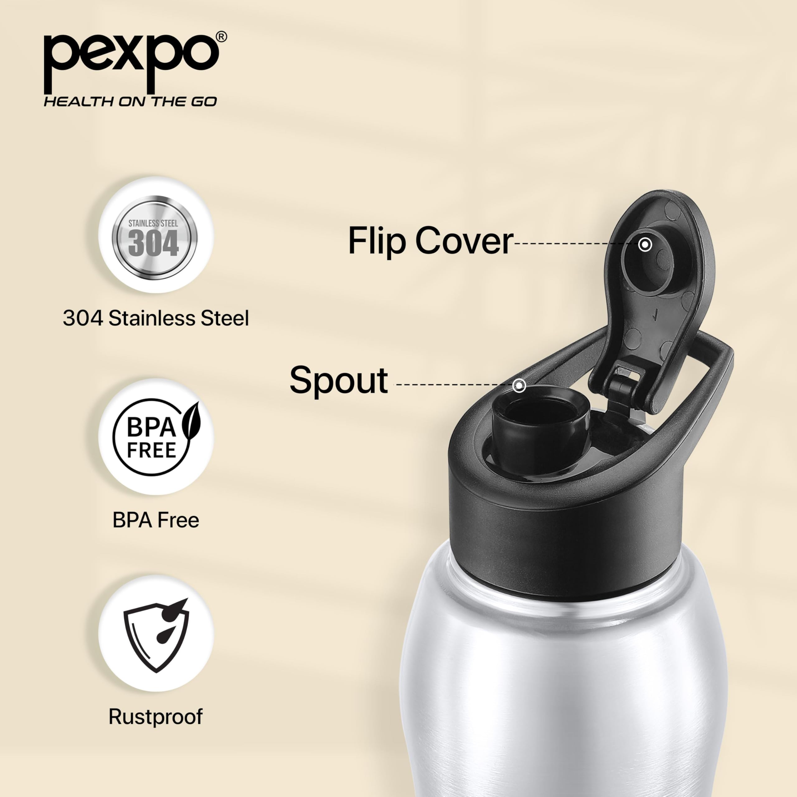 PEXPO Bistro 750ml Stainless Steel Water Bottle - Insulated, Leak Proof, Easy Grip for Gym, Office, Hiking | Silver Single Wall Bottle for Sports, Travel, School & Outdoor Activities | Perfect for Men, Women & Kids