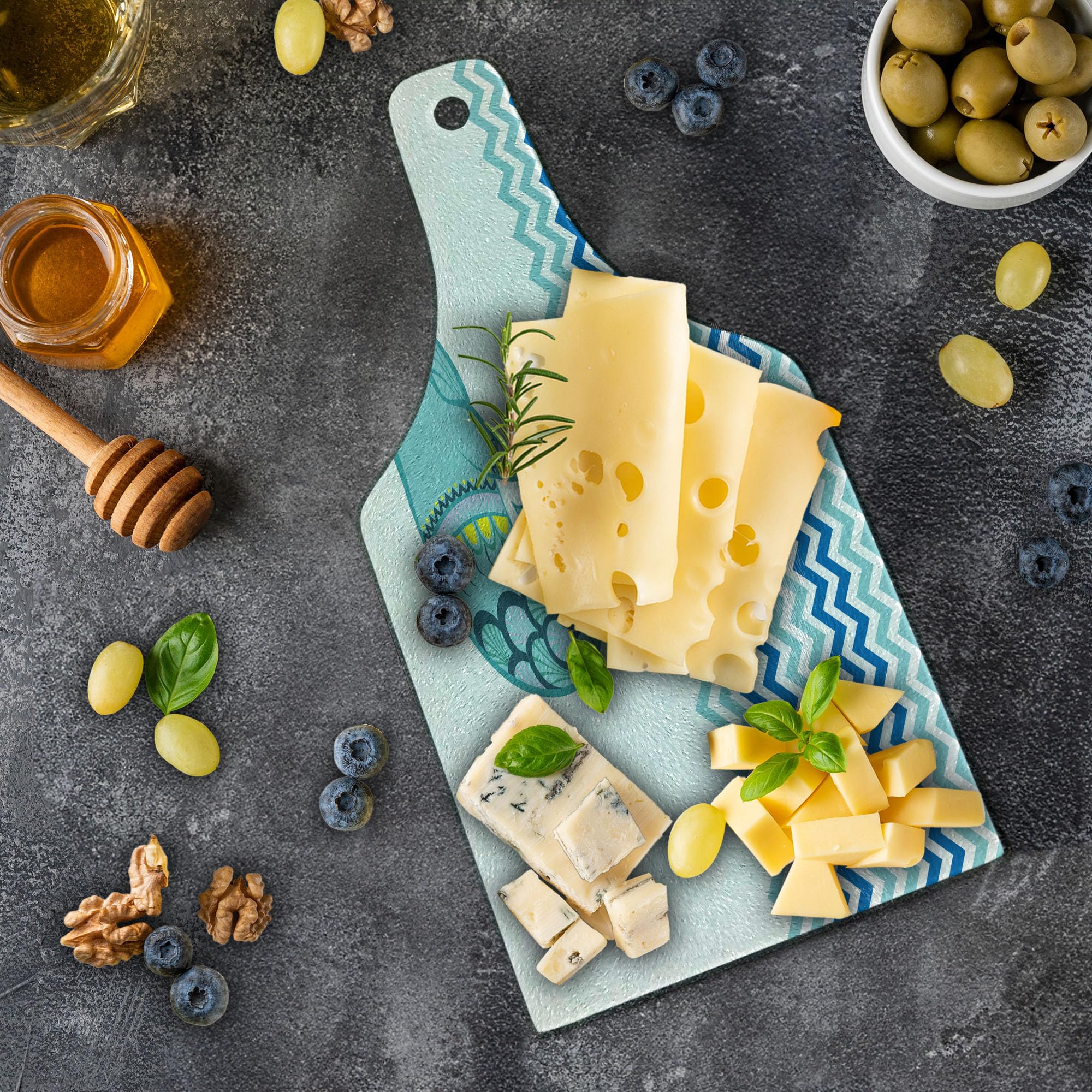 Ambesonne Whale Tempered Glass Cutting Board - Ocean Wave Artwork with Zig Zag Pattern, Decorative Serving Board for Kitchen, Wine Bottle Shape in Blue and White - Perfect for Entertaining, Charcuterie, and Gift Giving