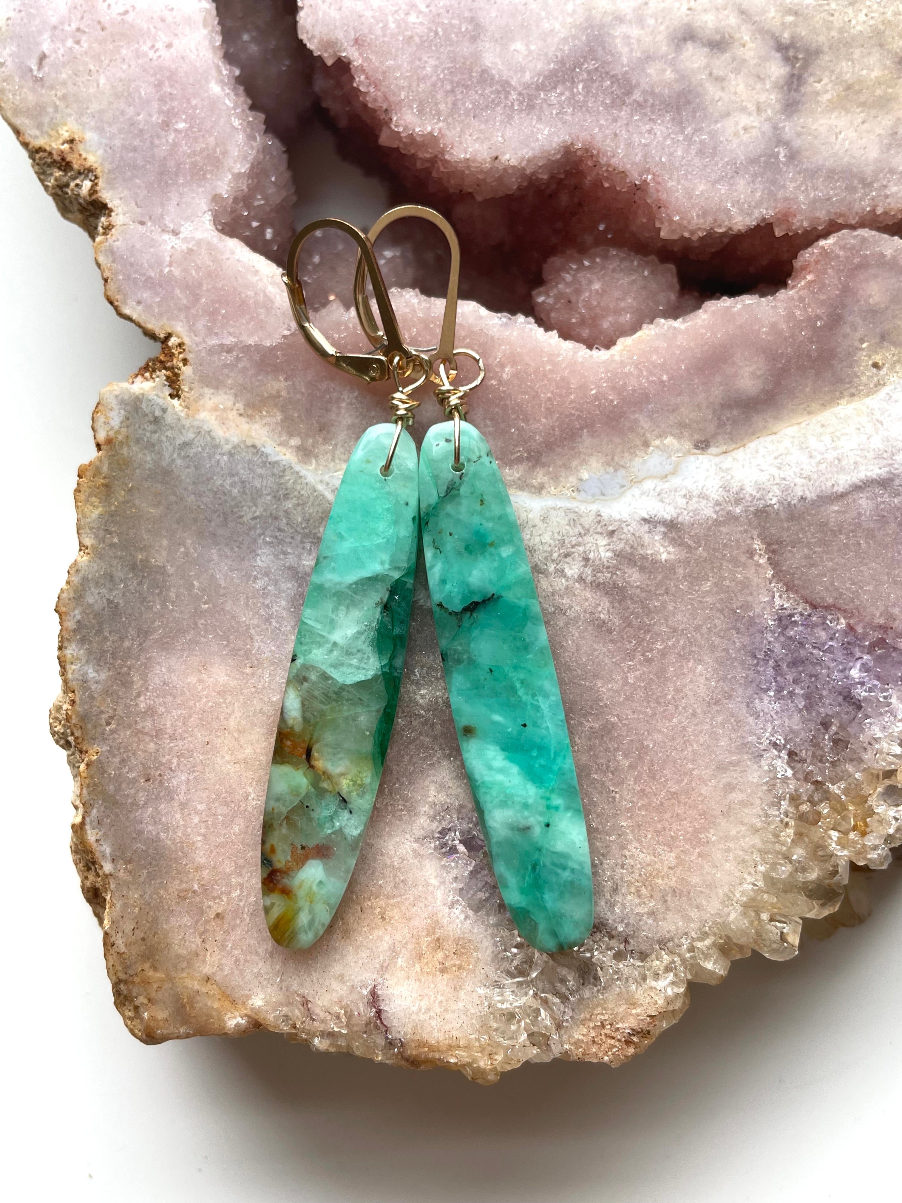 Chrysocolla Gold Filled Statement Crystal Gemstone Earrings for Women - Elegant Dangle Drop Earrings for Party, Wedding & Special Occasions
