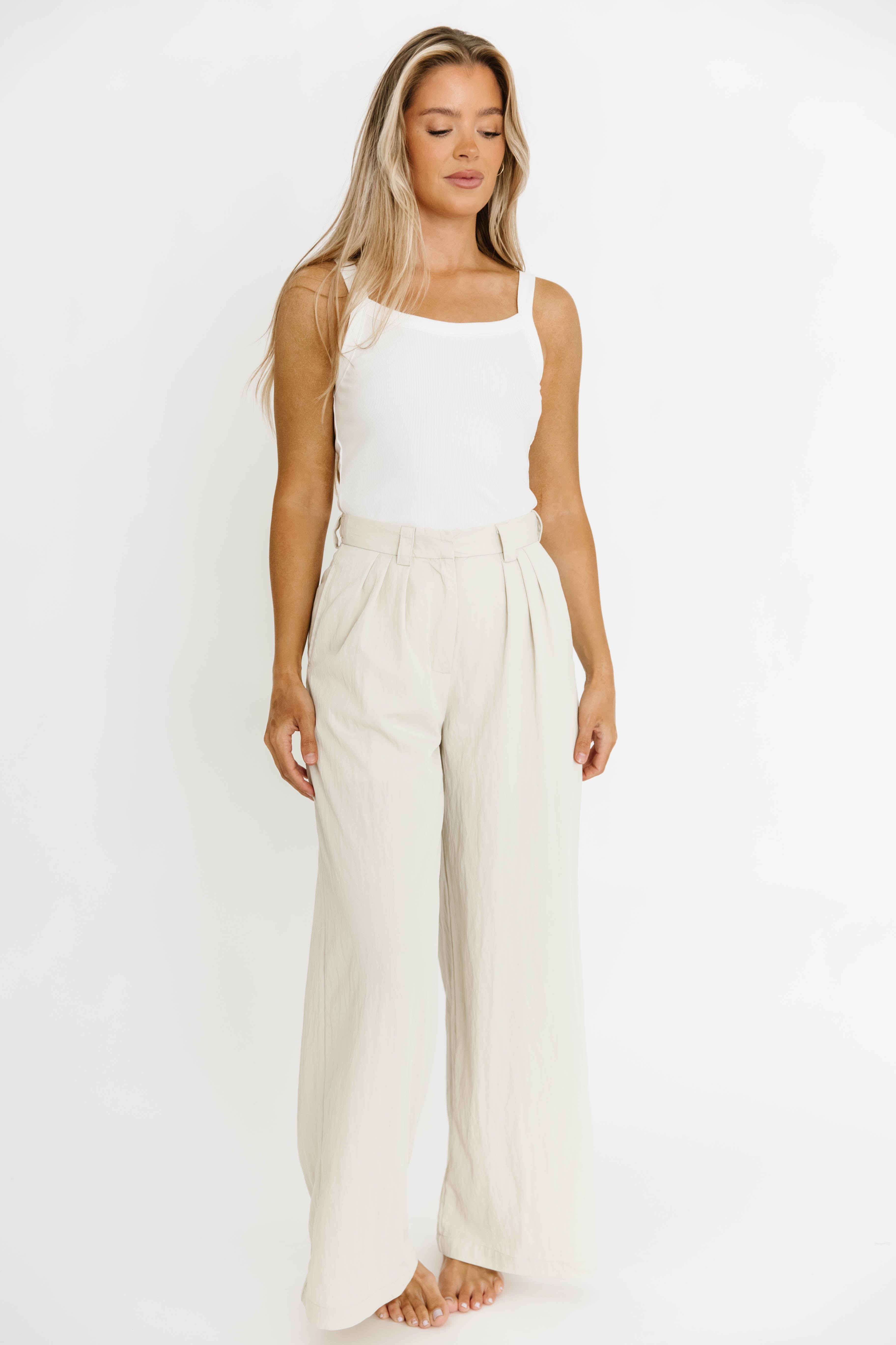 Ria Lightweight High Rise Pleated Wide Leg Pants for Women - Oatmeal White Casual Trousers | Perfect for Office, Travel & Everyday Wear