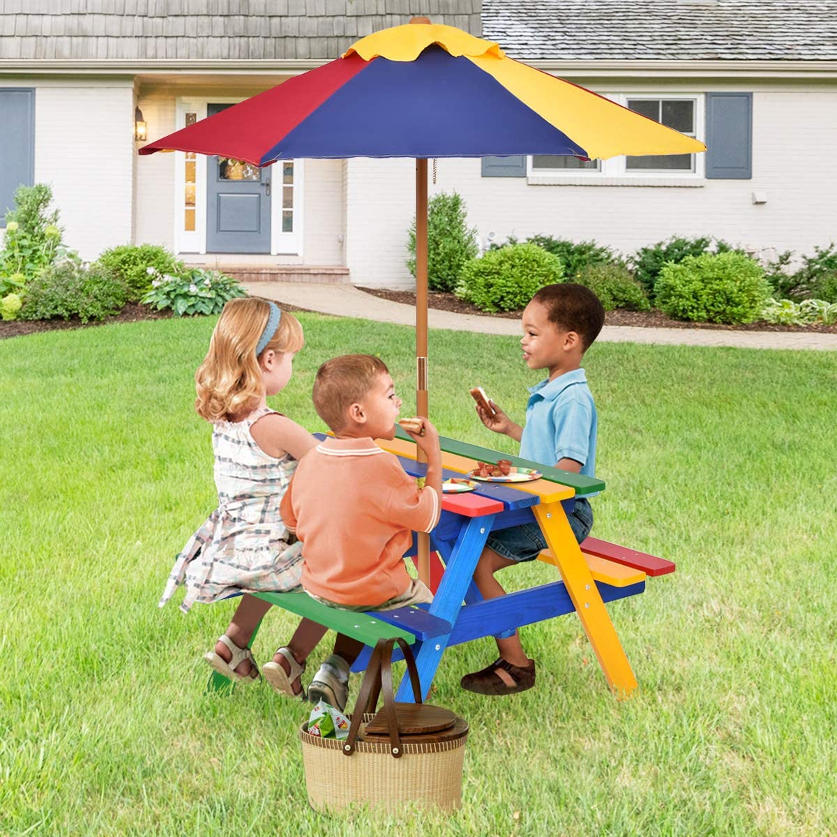 Olakids Kids Picnic Table Set - Outdoor Wooden Toddler Table & Chairs with Removable Umbrella - Children's Activity Furniture for Patio, Garden, Backyard - Perfect for Outdoor Playdates, Birthday Parties & Family Gatherings